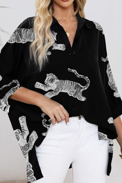 Tiger Pattern Button Up Long Sleeve Shirt Shirts & Tops Krazy Heart Designs Boutique Black S