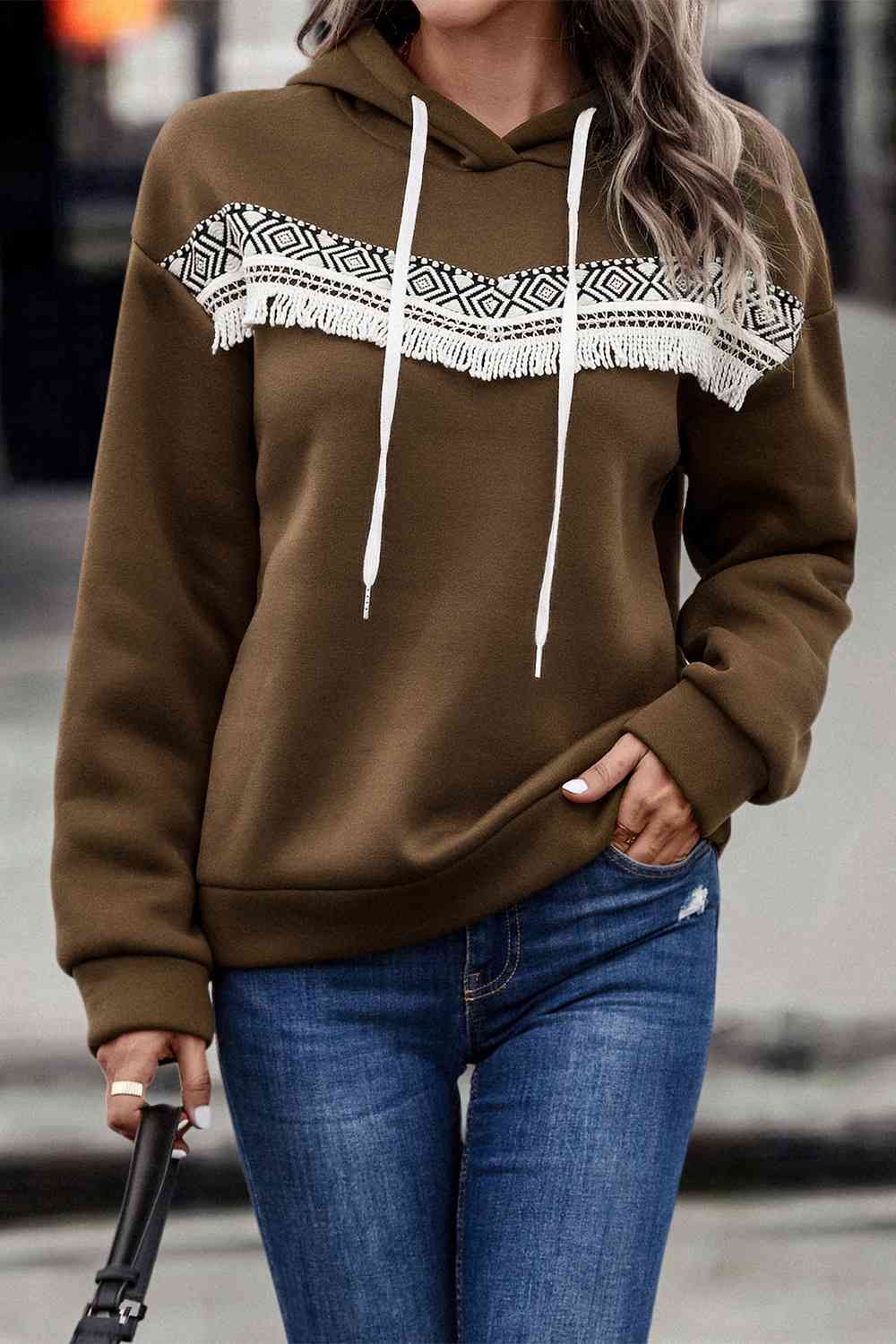 Contrast Color Fringe Detail Dropped Shoulder Hoodie (3 Colors) Shirts & Tops Krazy Heart Designs Boutique Brown S