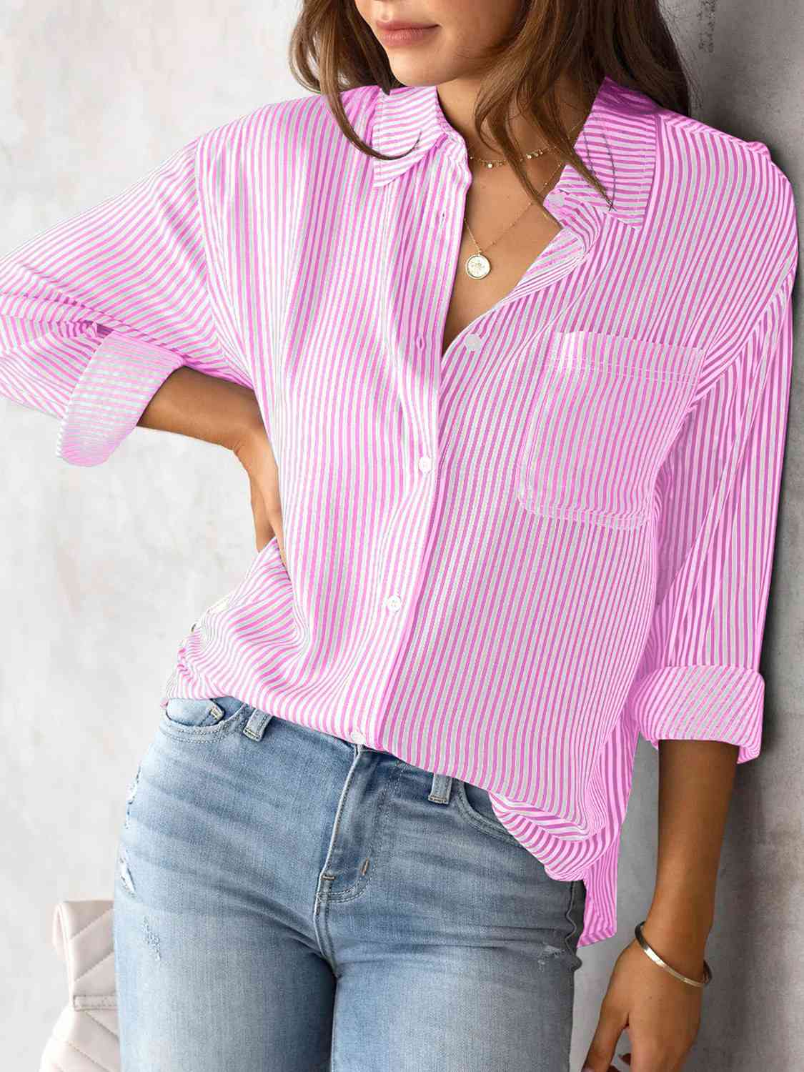 Striped Collared Neck Shirt with Pocket (5 Colors) Krazy Heart Designs Boutique