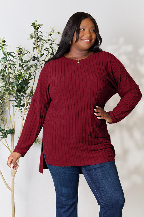 Basic Bae Full Size Ribbed Round Neck Long Sleeve Slit Top (4 Colors) Shirts & Tops Krazy Heart Designs Boutique Wine S