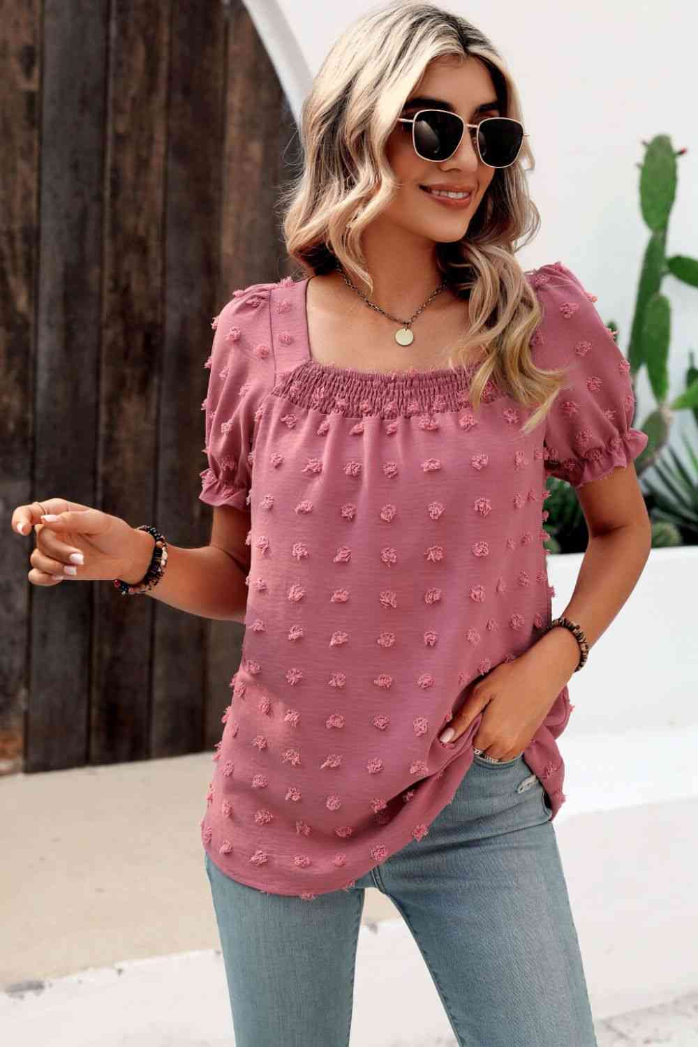 Swiss Dot Puff Sleeve Square Neck Blouse (6 Colors) Krazy Heart Designs Boutique Moonlit Mauve S
