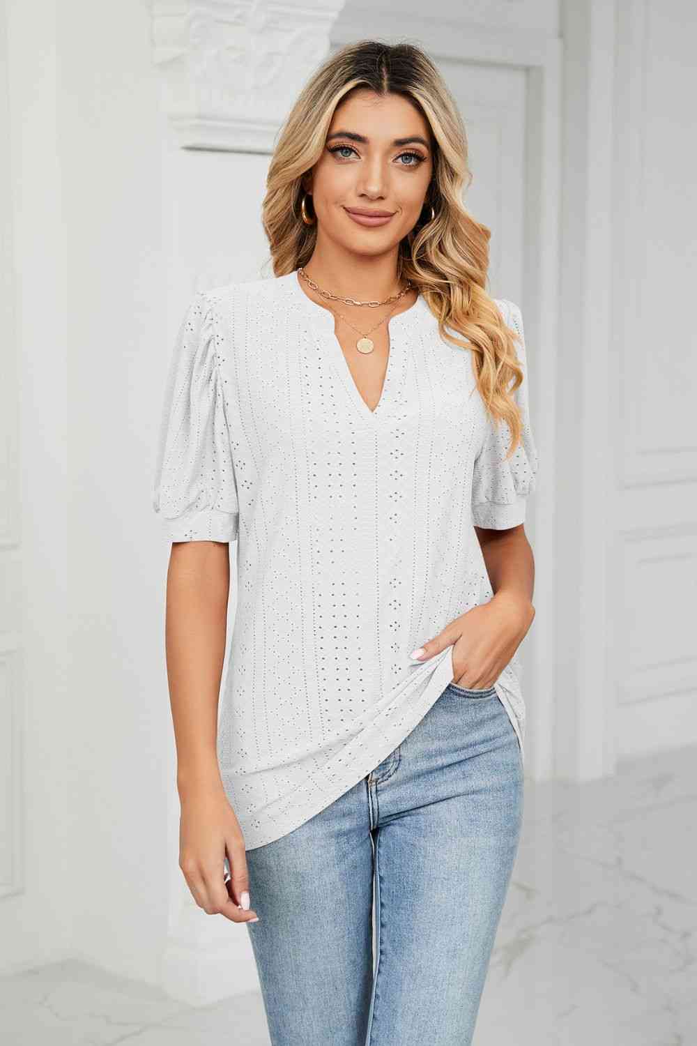 Eyelet Short Puff Sleeve Notched Neck Top (12 Colors) Krazy Heart Designs Boutique White S