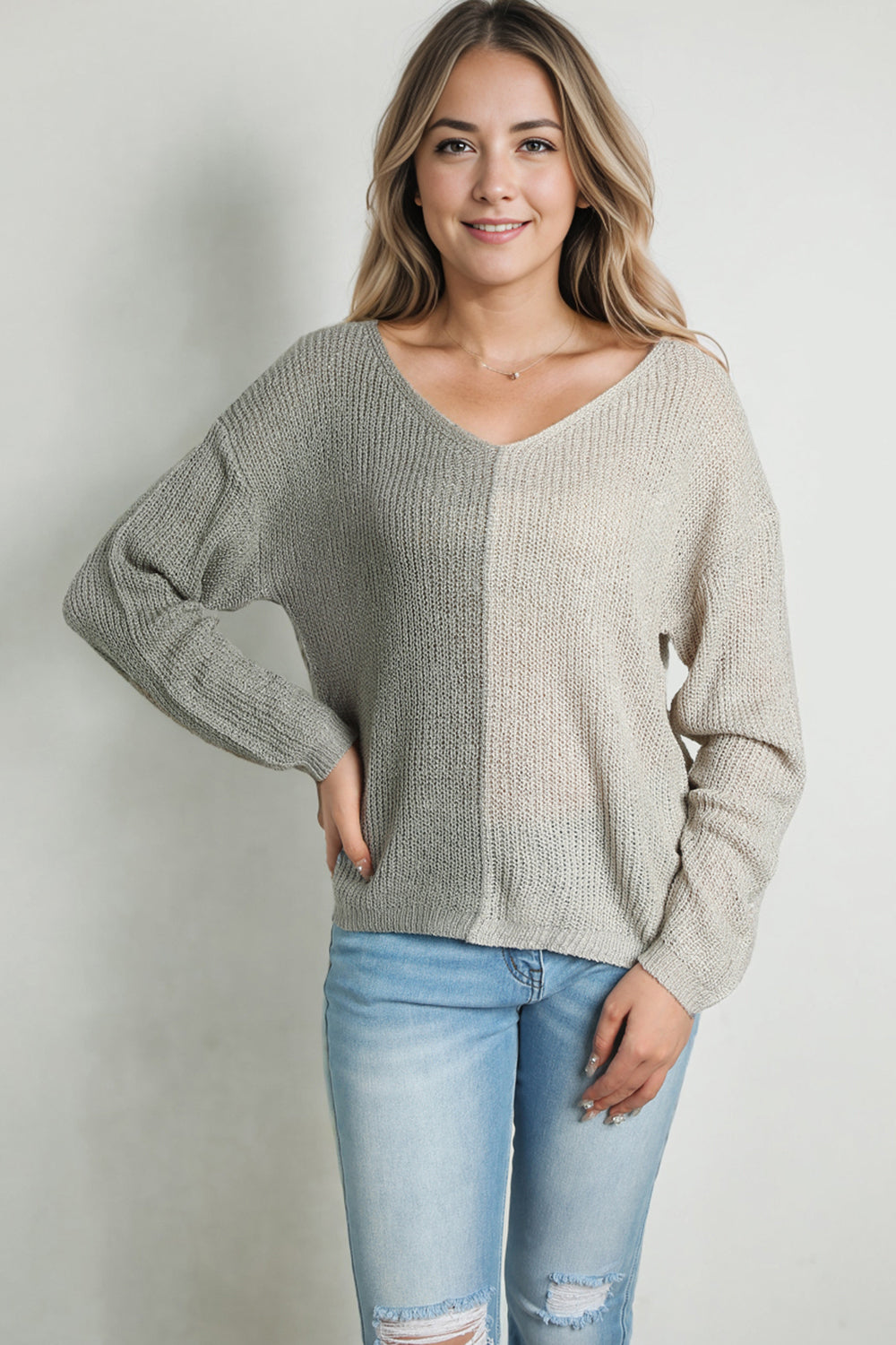 KHD Contrast Color V-Neck Long Sleeve Pullover Sweater (3 Colors) Krazy Heart Designs Boutique Cloudy Blue S