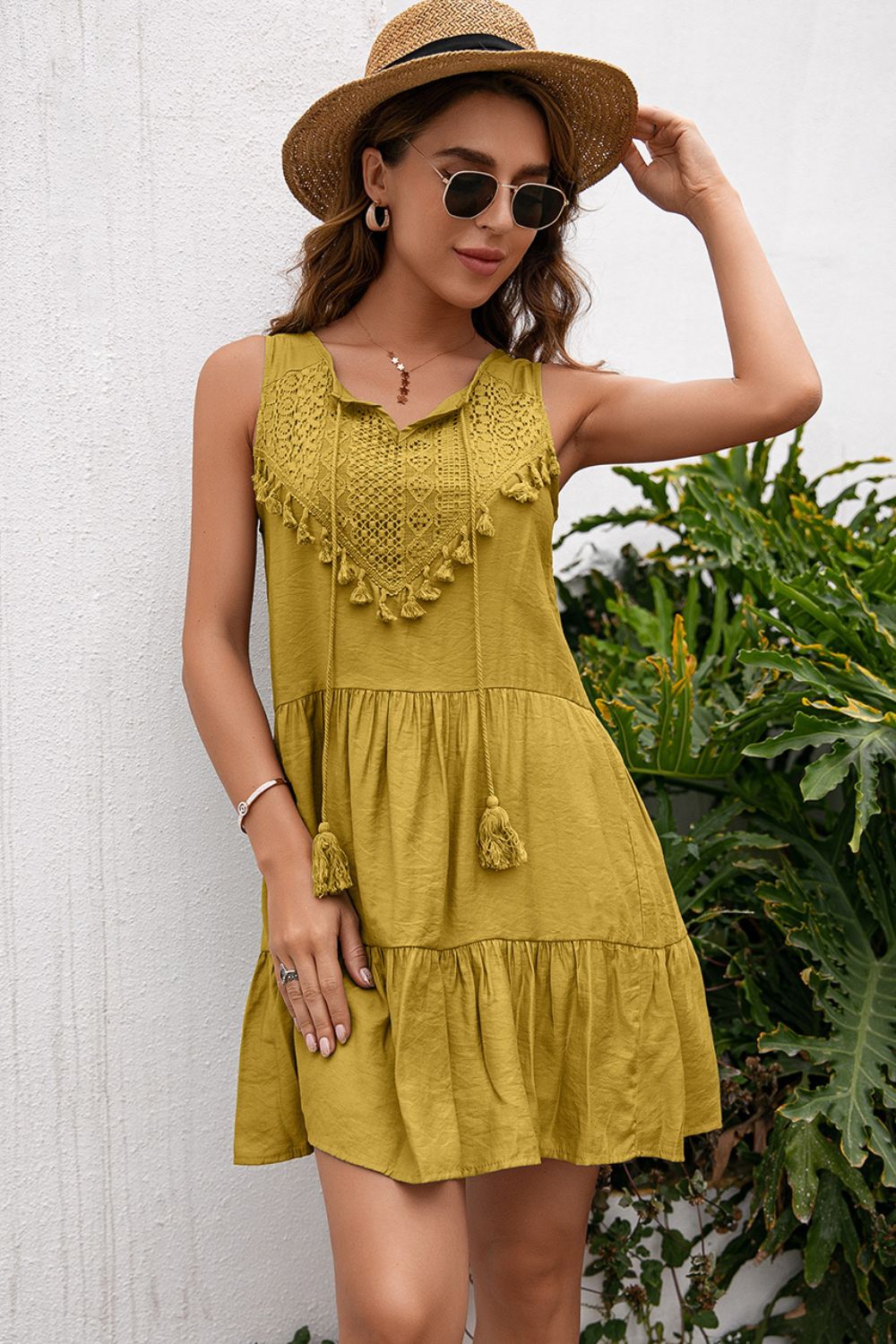 Tassel Tie Lace Trim Sleeveless Dress (7 Colors) Krazy Heart Designs Boutique Straw S