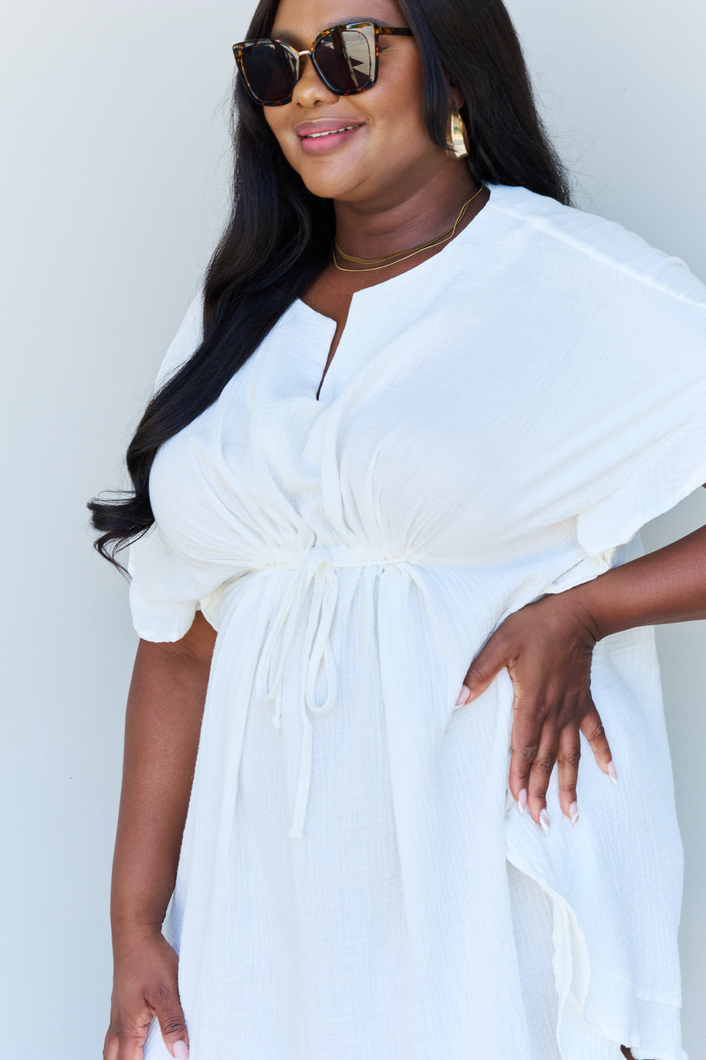 Ninexis Out Of Time Full Size Ruffle Hem Dress with Drawstring Waistband in White Krazy Heart Designs Boutique