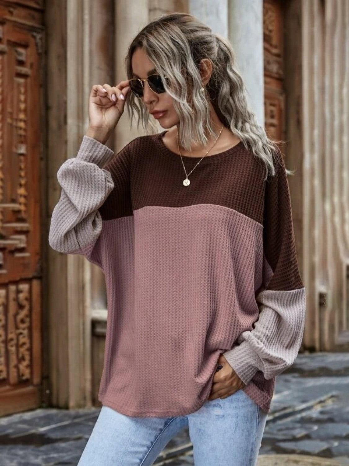 KHD Color Block Waffle-Knit Long Sleeve Top (3 Colors) Krazy Heart Designs Boutique