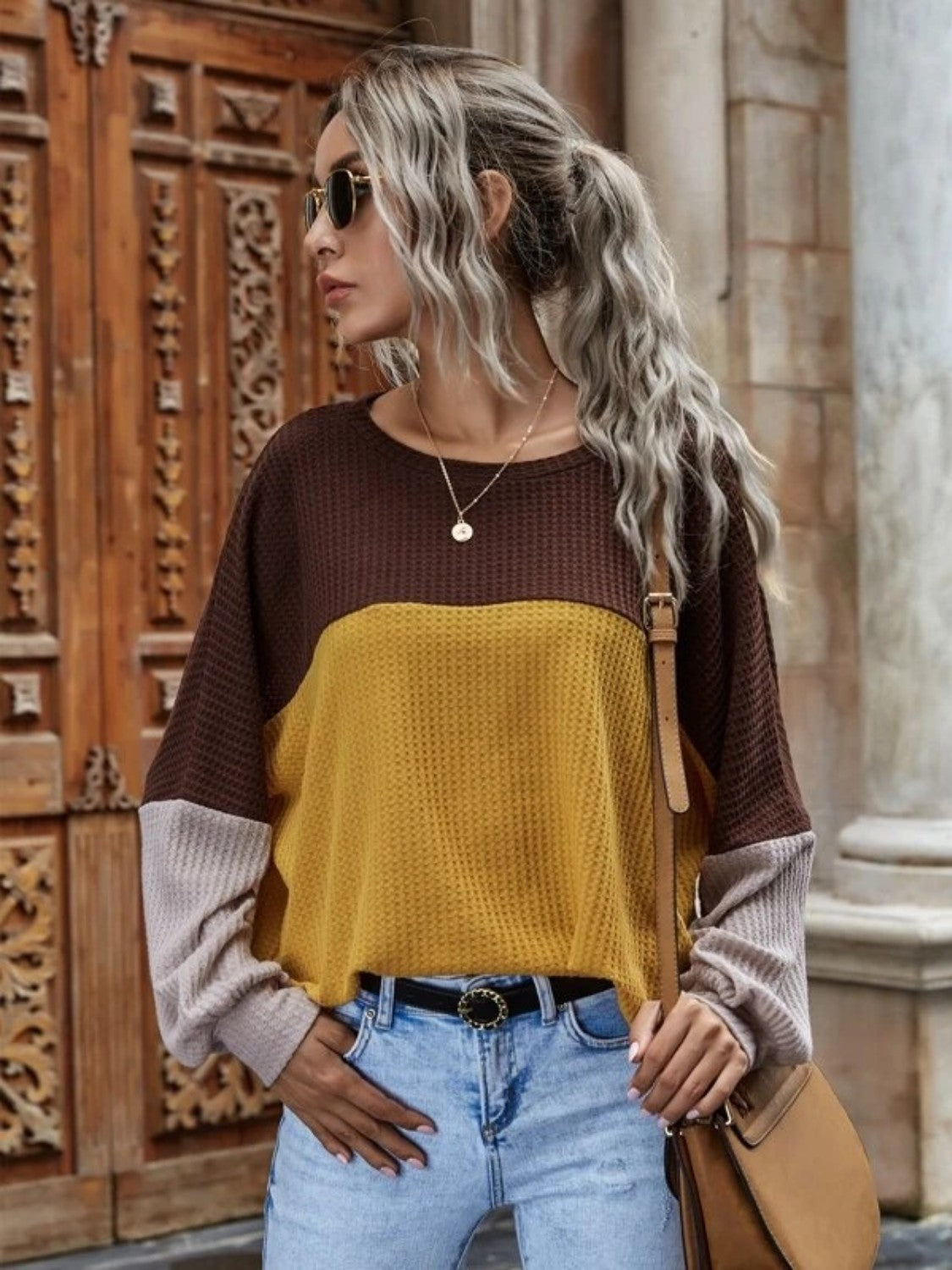 KHD Color Block Waffle-Knit Long Sleeve Top (3 Colors) Krazy Heart Designs Boutique Honey S
