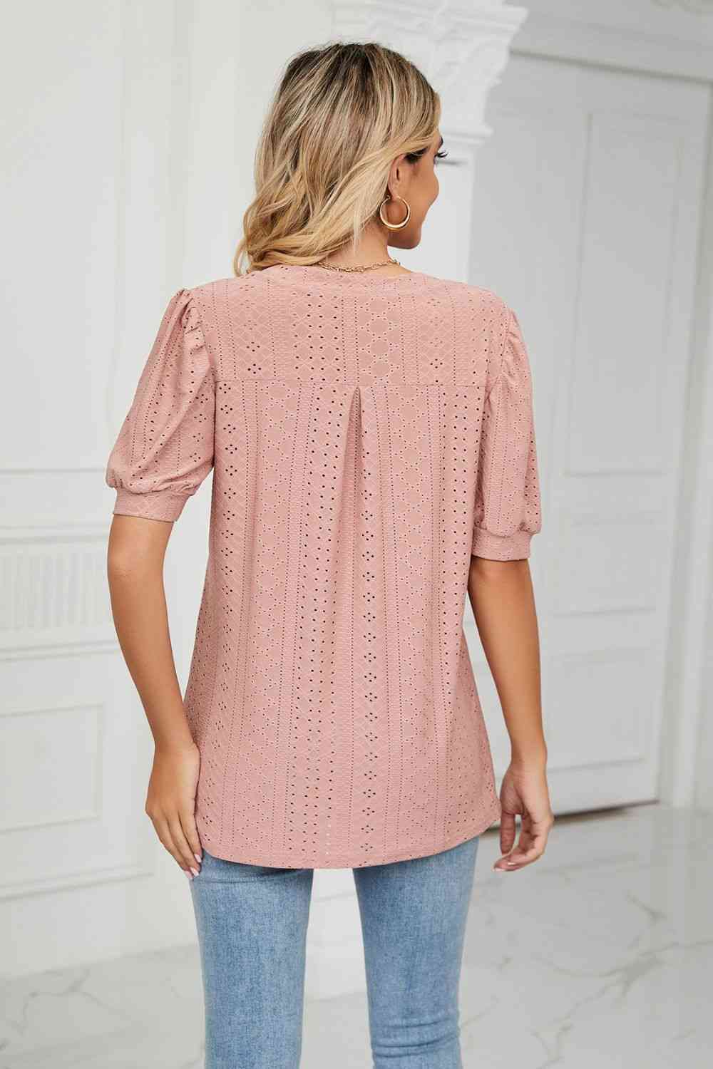 Eyelet Short Puff Sleeve Notched Neck Top (12 Colors) Krazy Heart Designs Boutique