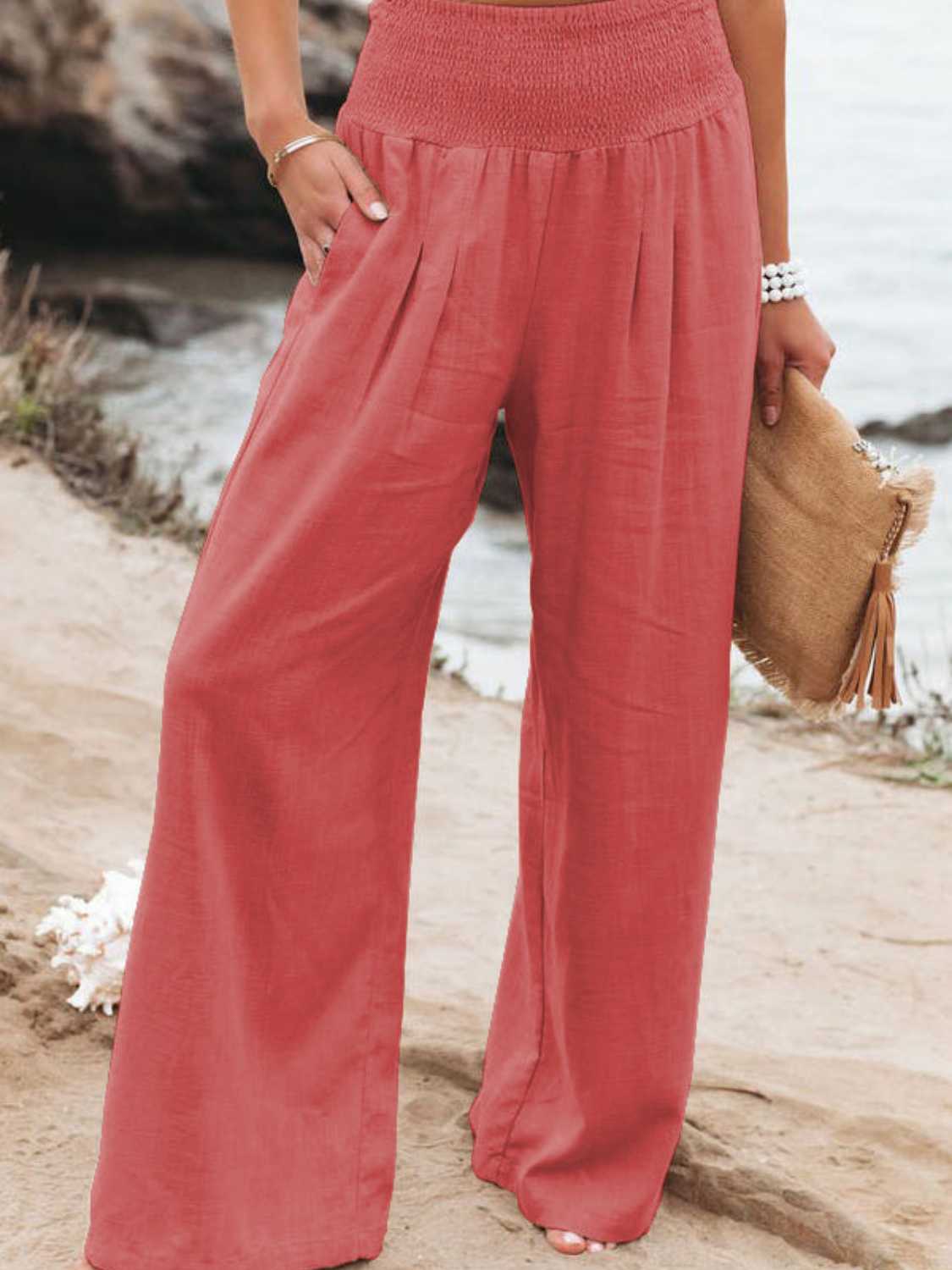 Full Size Smocked Waist Wide Leg Pants Krazy Heart Designs Boutique Coral S