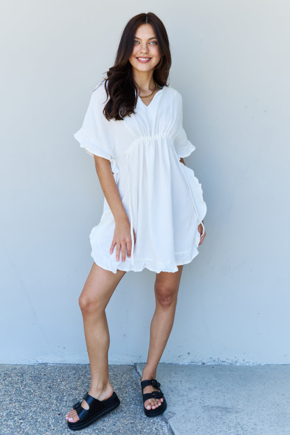 Ninexis Out Of Time Full Size Ruffle Hem Dress with Drawstring Waistband in White Krazy Heart Designs Boutique