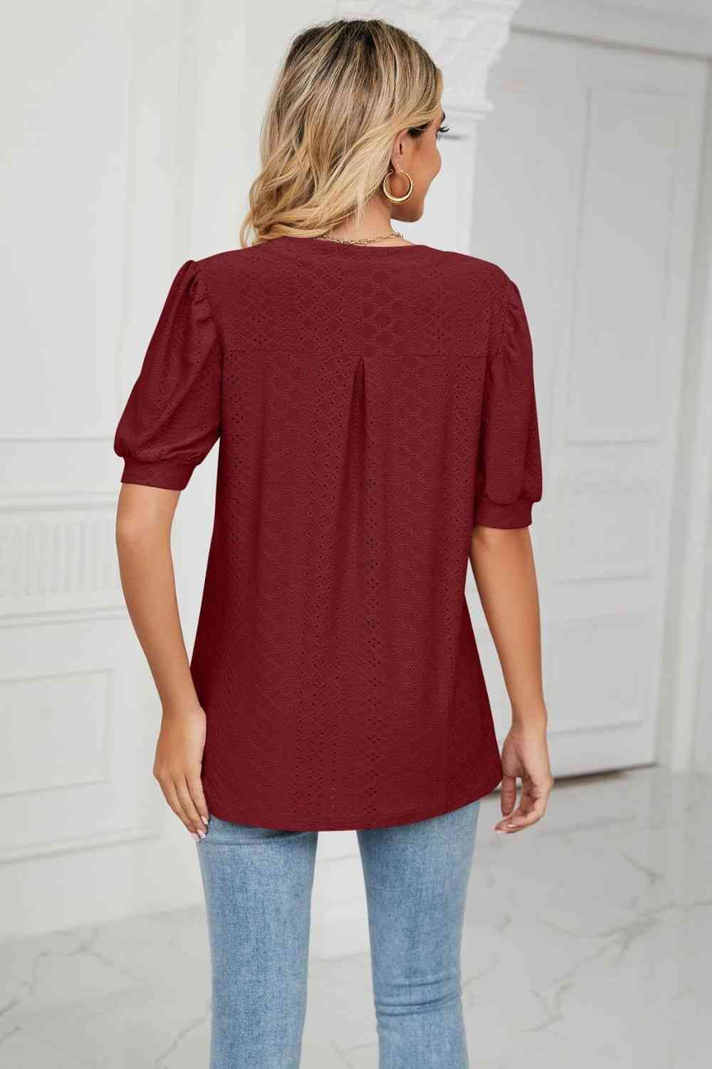 Eyelet Short Puff Sleeve Notched Neck Top (12 Colors) Krazy Heart Designs Boutique