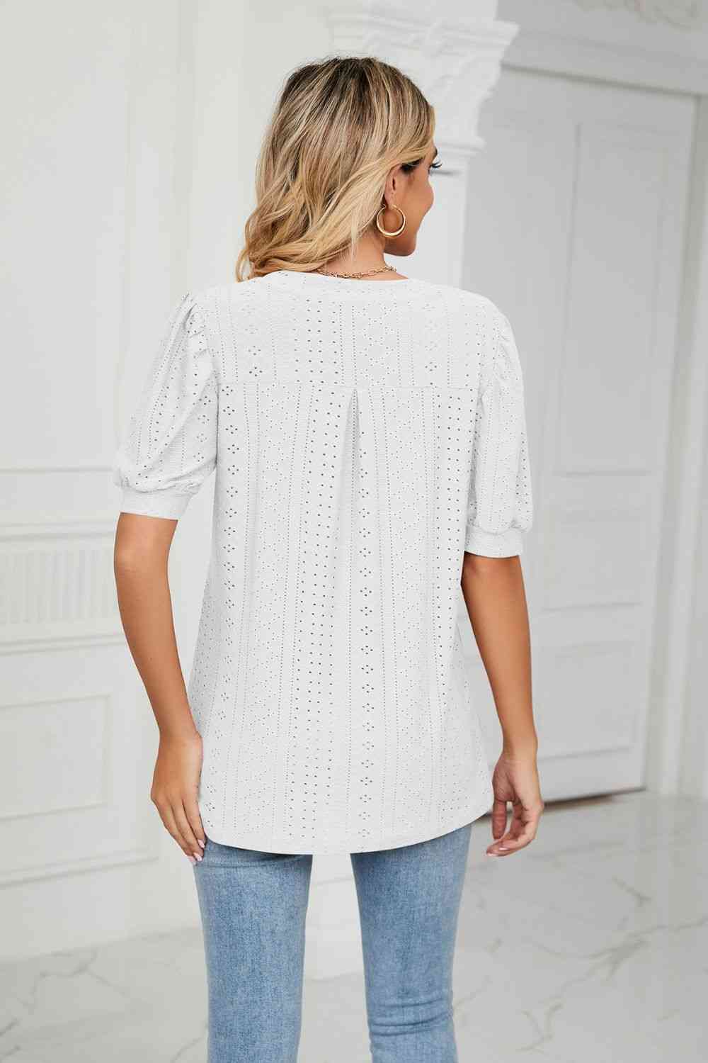 Eyelet Short Puff Sleeve Notched Neck Top (12 Colors) Krazy Heart Designs Boutique