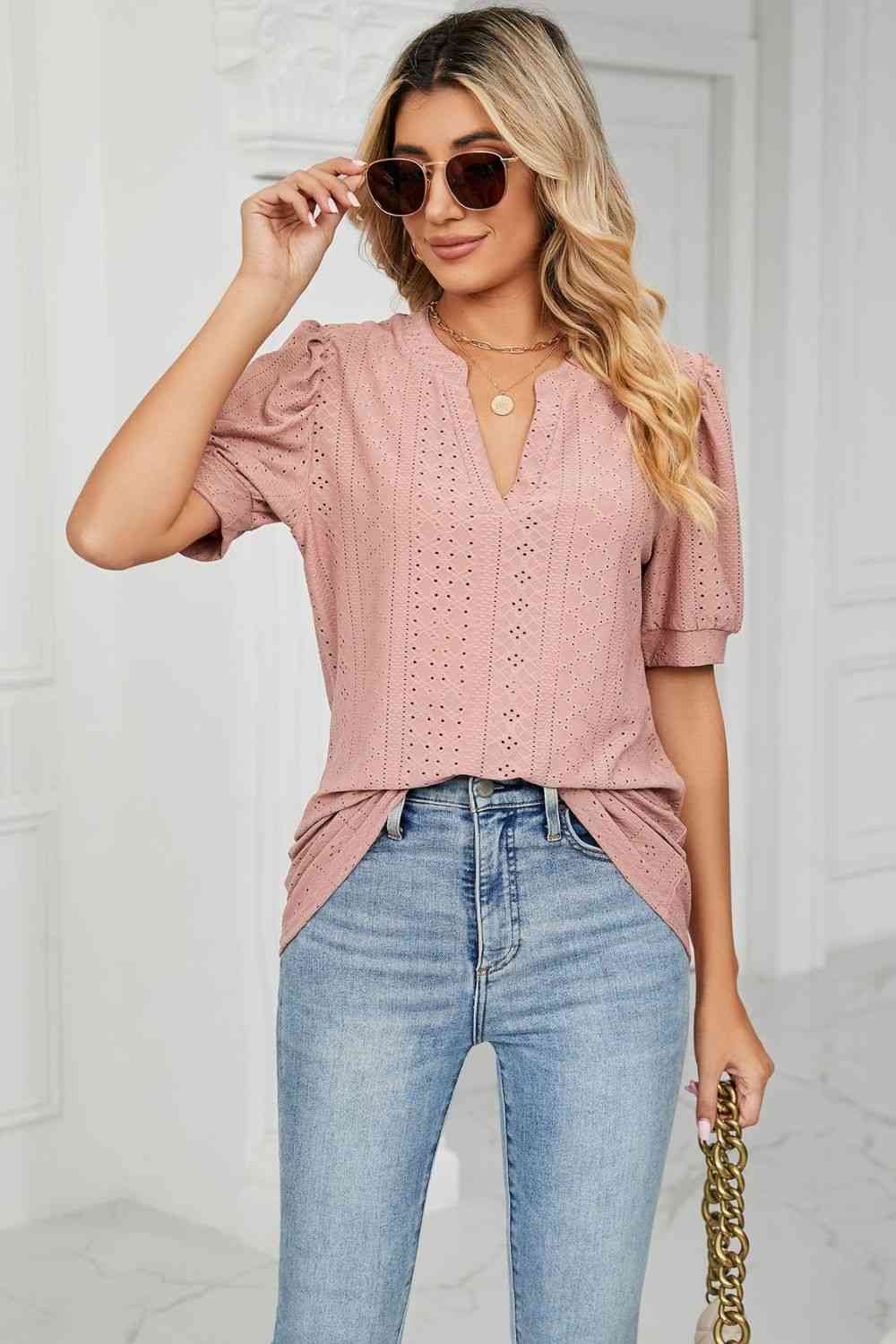 Eyelet Short Puff Sleeve Notched Neck Top (12 Colors) Krazy Heart Designs Boutique