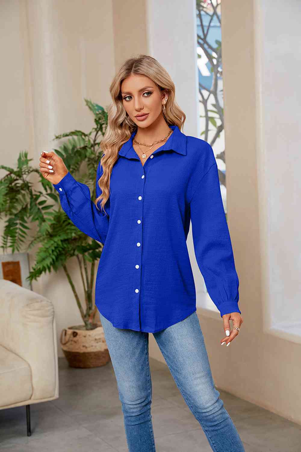 Collared Neck Buttoned Long Sleeve Shirt (4 Colors) Shirts & Tops Krazy Heart Designs Boutique Royal Blue S