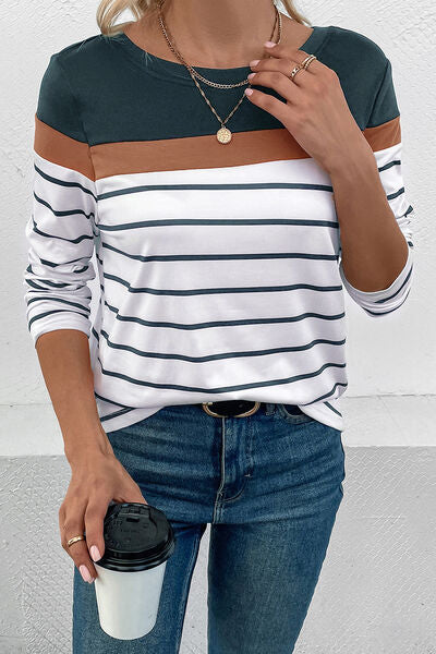 Striped Round Neck Long Sleeve Top (4 Colors) Shirts & Tops Krazy Heart Designs Boutique