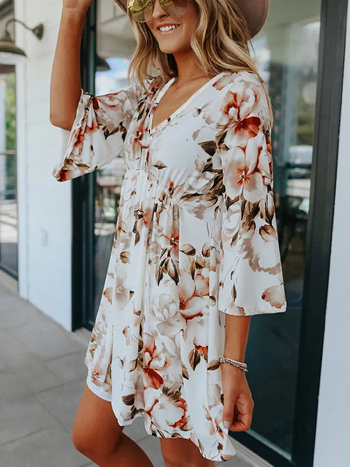 Floral V-Neck Three-Quarter Sleeve Dress Krazy Heart Designs Boutique