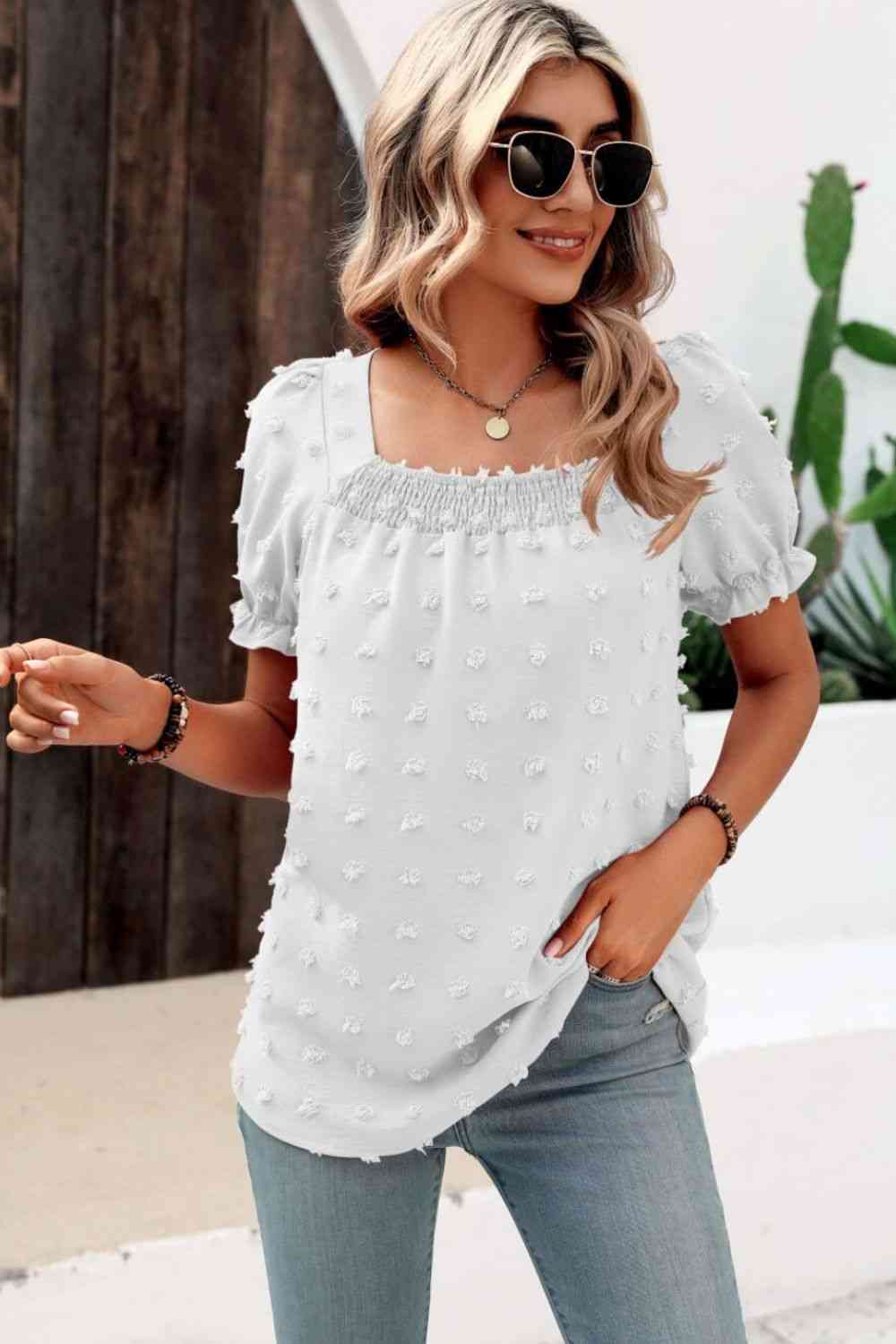 Swiss Dot Puff Sleeve Square Neck Blouse (6 Colors) Krazy Heart Designs Boutique White S
