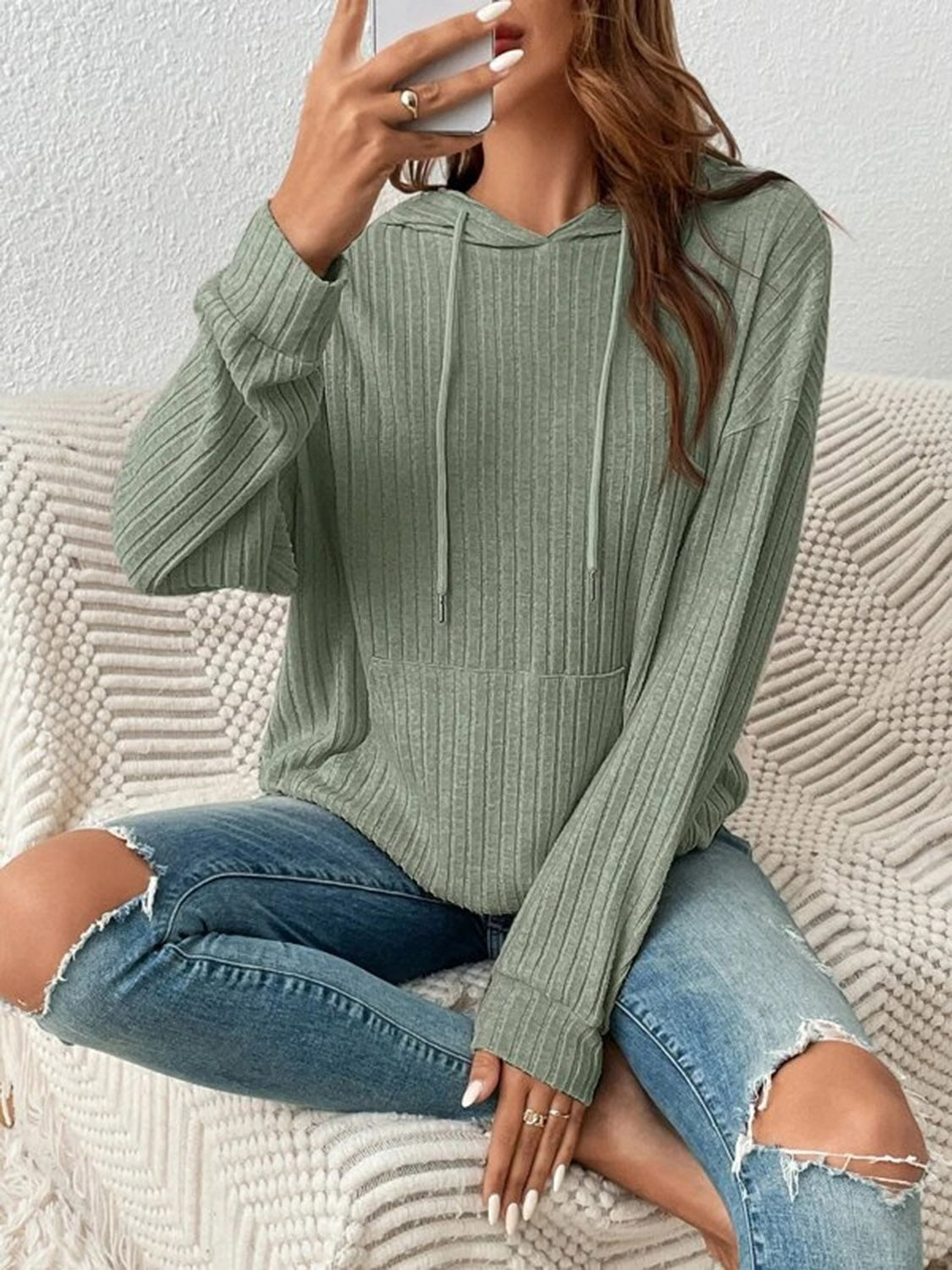 Ribbed Dropped Shoulder Drawstring Hoodie (4 Colors) Krazy Heart Designs Boutique