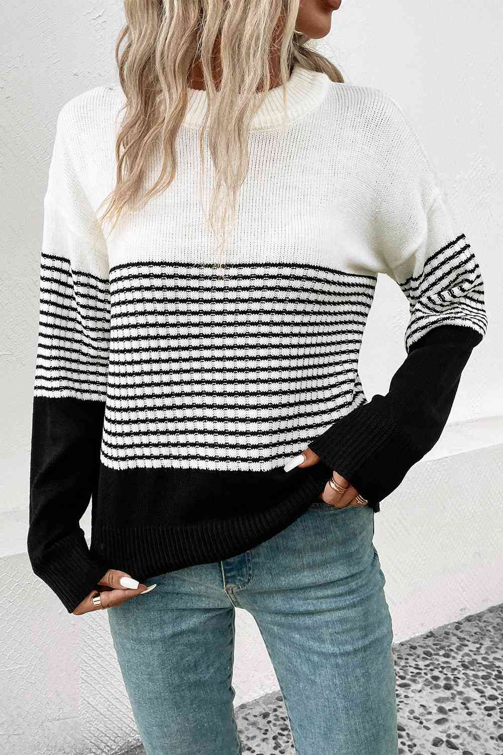 Striped Color Block Drop Shoulder Sweater Shirts & Tops Krazy Heart Designs Boutique