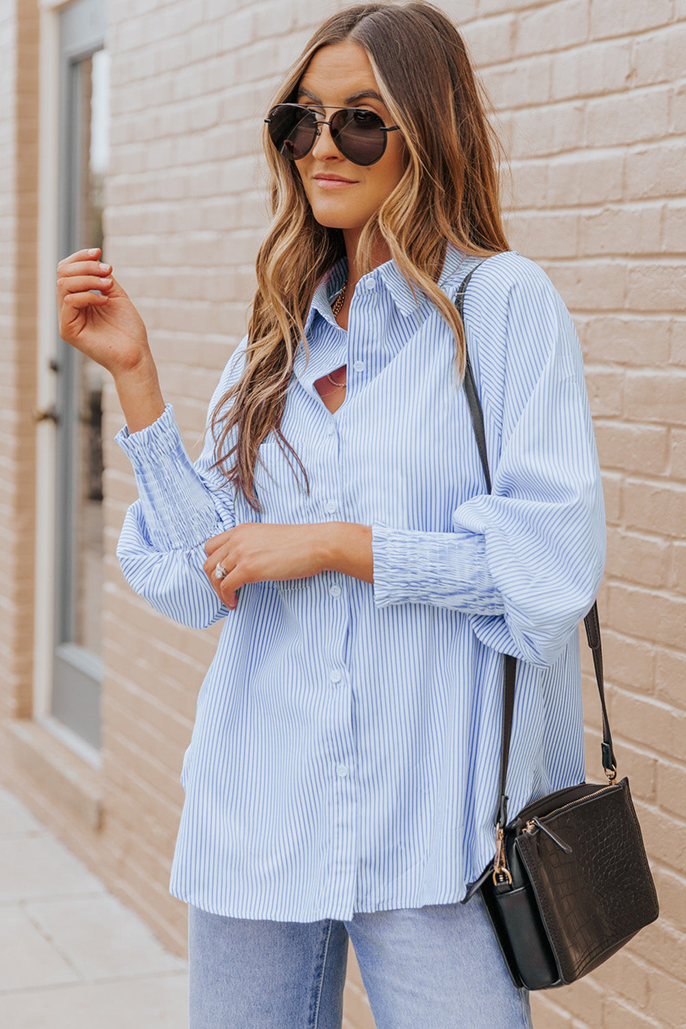 Striped Lantern Sleeve Collared Shirt (3 Colors) Krazy Heart Designs Boutique