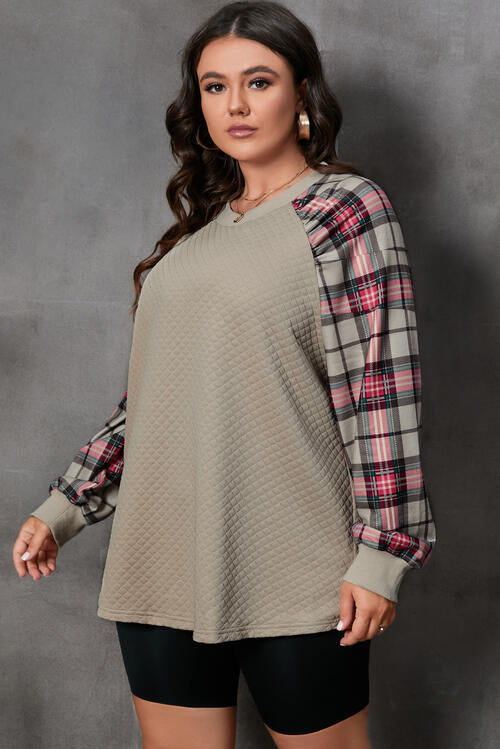 Plus Size Plaid Round Neck Long Sleeve Sweatshirt Shirts & Tops Krazy Heart Designs Boutique