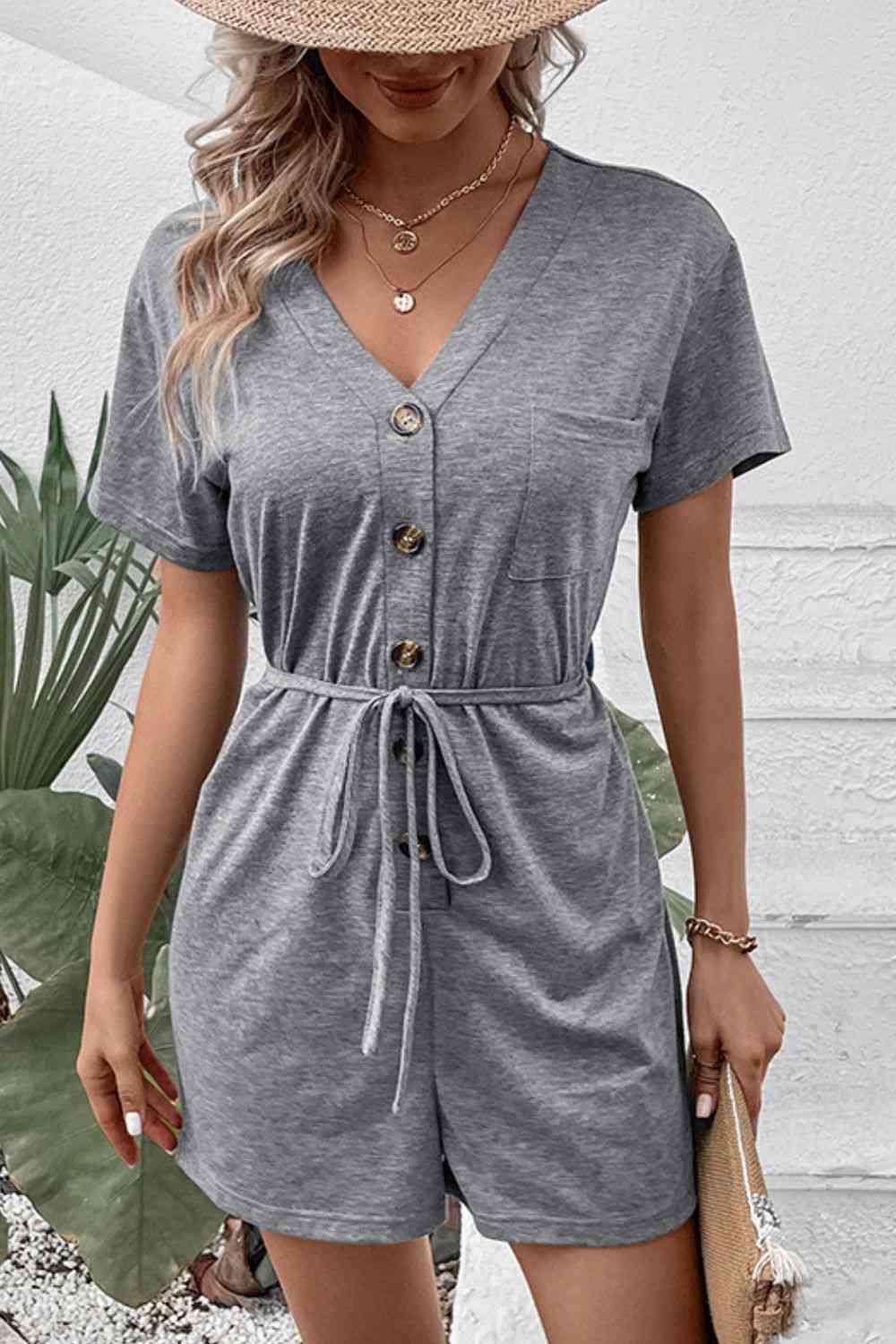 V-Neck Short Sleeve Tied Romper Krazy Heart Designs Boutique