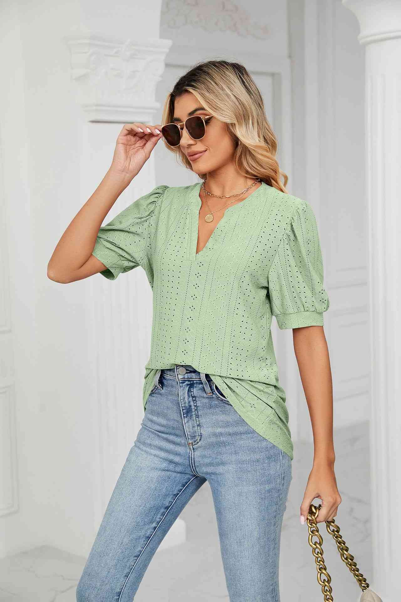 Eyelet Short Puff Sleeve Notched Neck Top (12 Colors) Krazy Heart Designs Boutique