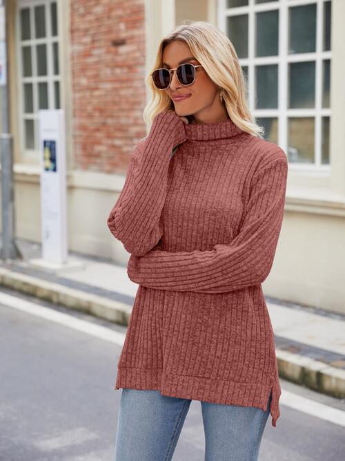 Ribbed Turtleneck Long Sleeve Slit Knit Top (8 Colors) Shirts & Tops Krazy Heart Designs Boutique Brick Red S