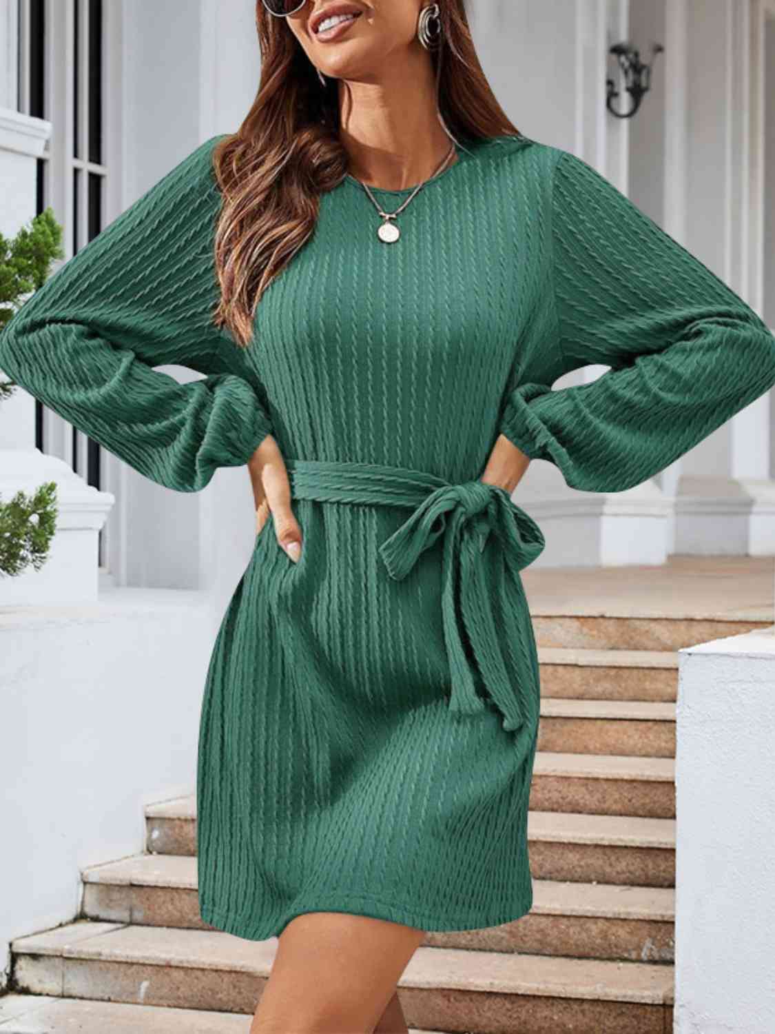 Round Neck Tie Front Long Sleeve Dress (4 Colors) Krazy Heart Designs Boutique Teal S