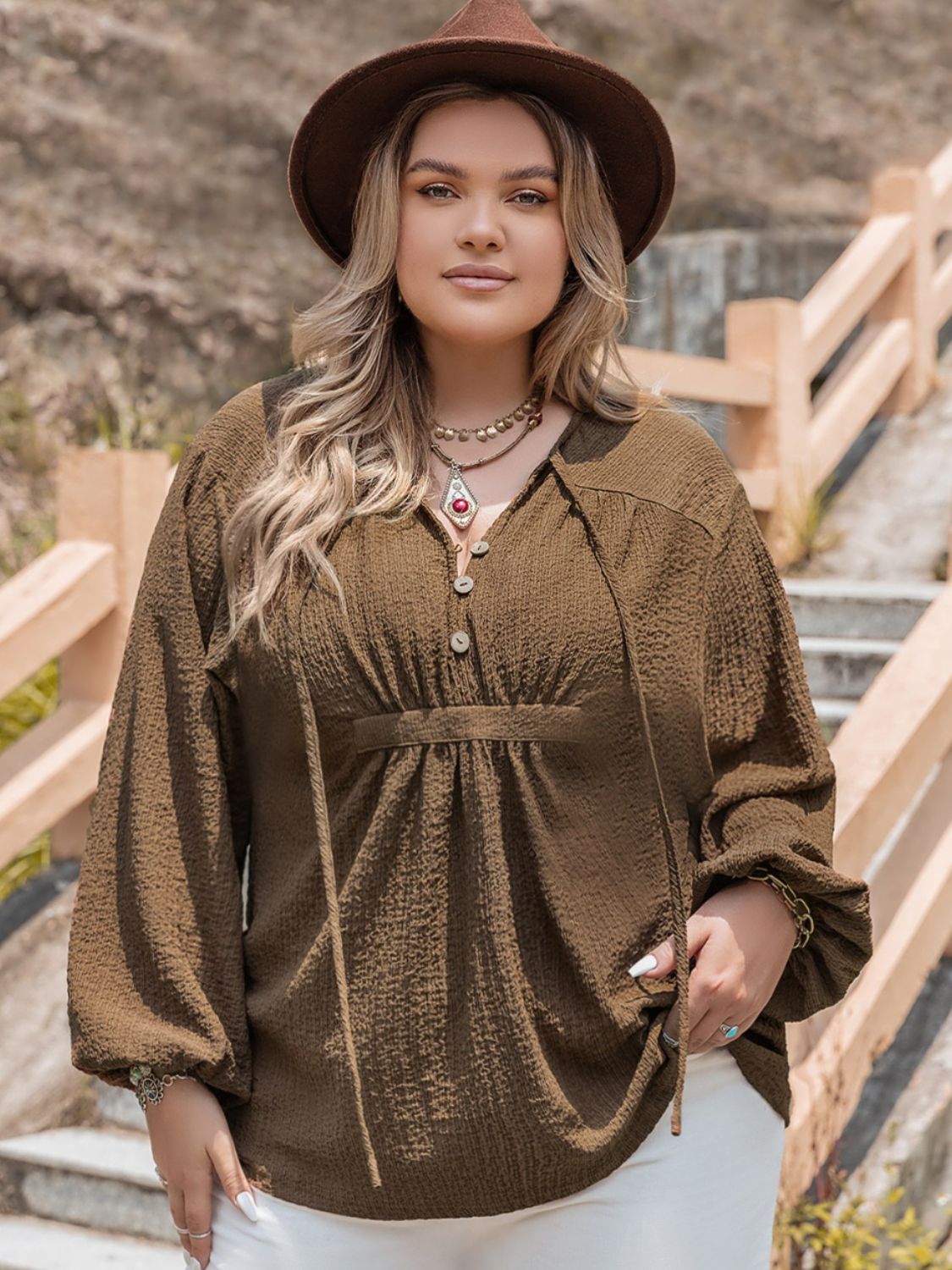 Plus Size Tie Neck Long Sleeve Blouse Shirts & Tops Krazy Heart Designs Boutique Coffee Brown 0XL 