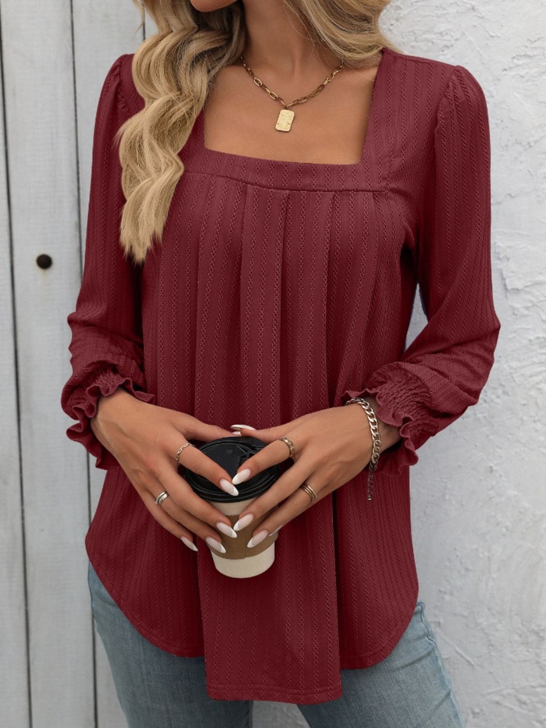 Mandy Square Neck Lantern Sleeve Top (7 Colors) Shirts & Tops Krazy Heart Designs Boutique Burgundy S 