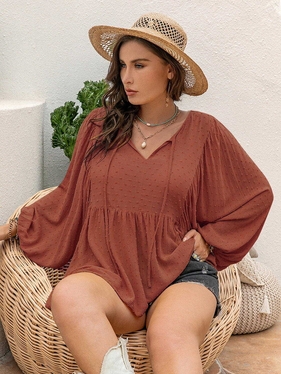 Plus Size Swiss Dot Tie Neck Long Sleeve Blouse Shirts & Tops Krazy Heart Designs Boutique   