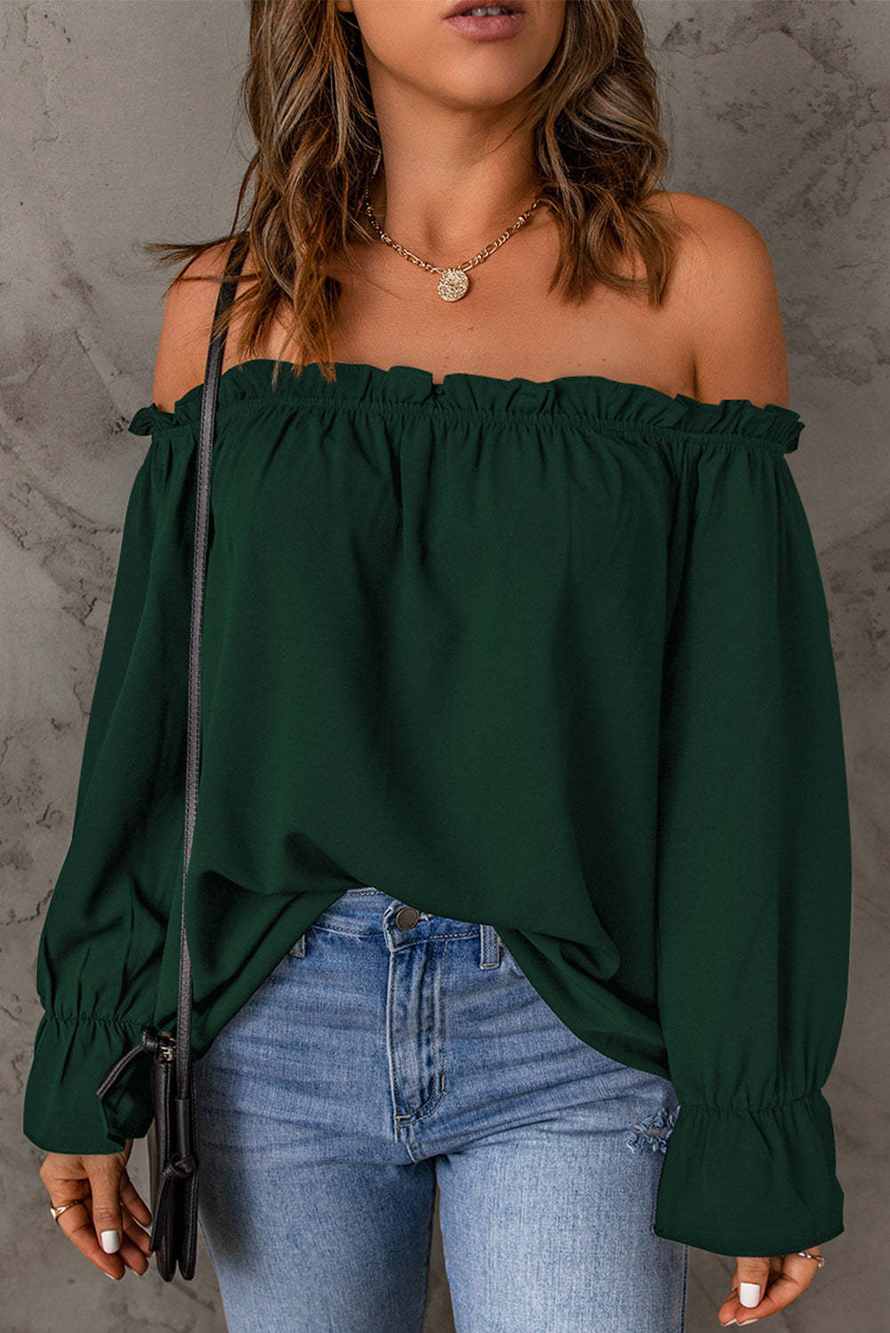 Off-Shoulder Flounce Sleeve Blouse (4 Colors) Shirts & Tops Krazy Heart Designs Boutique Dark Green S 