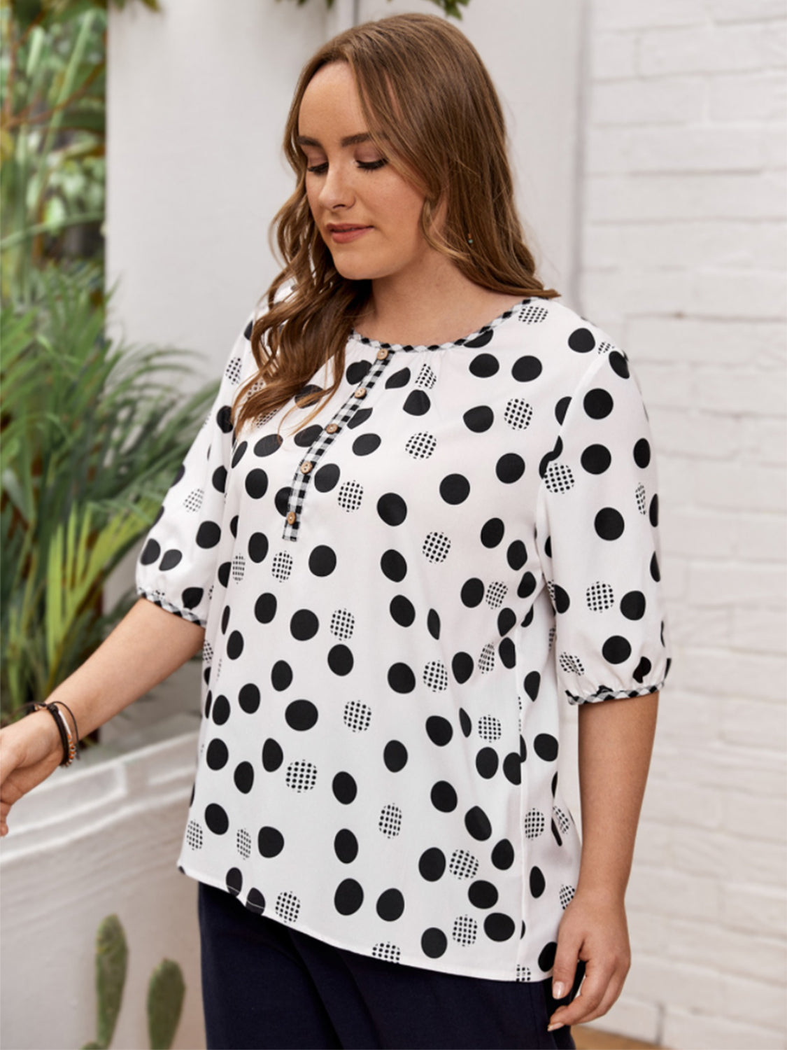 Plus Size Polka Dot Round Neck Half Sleeve Blouse Shirts & Tops Krazy Heart Designs Boutique   