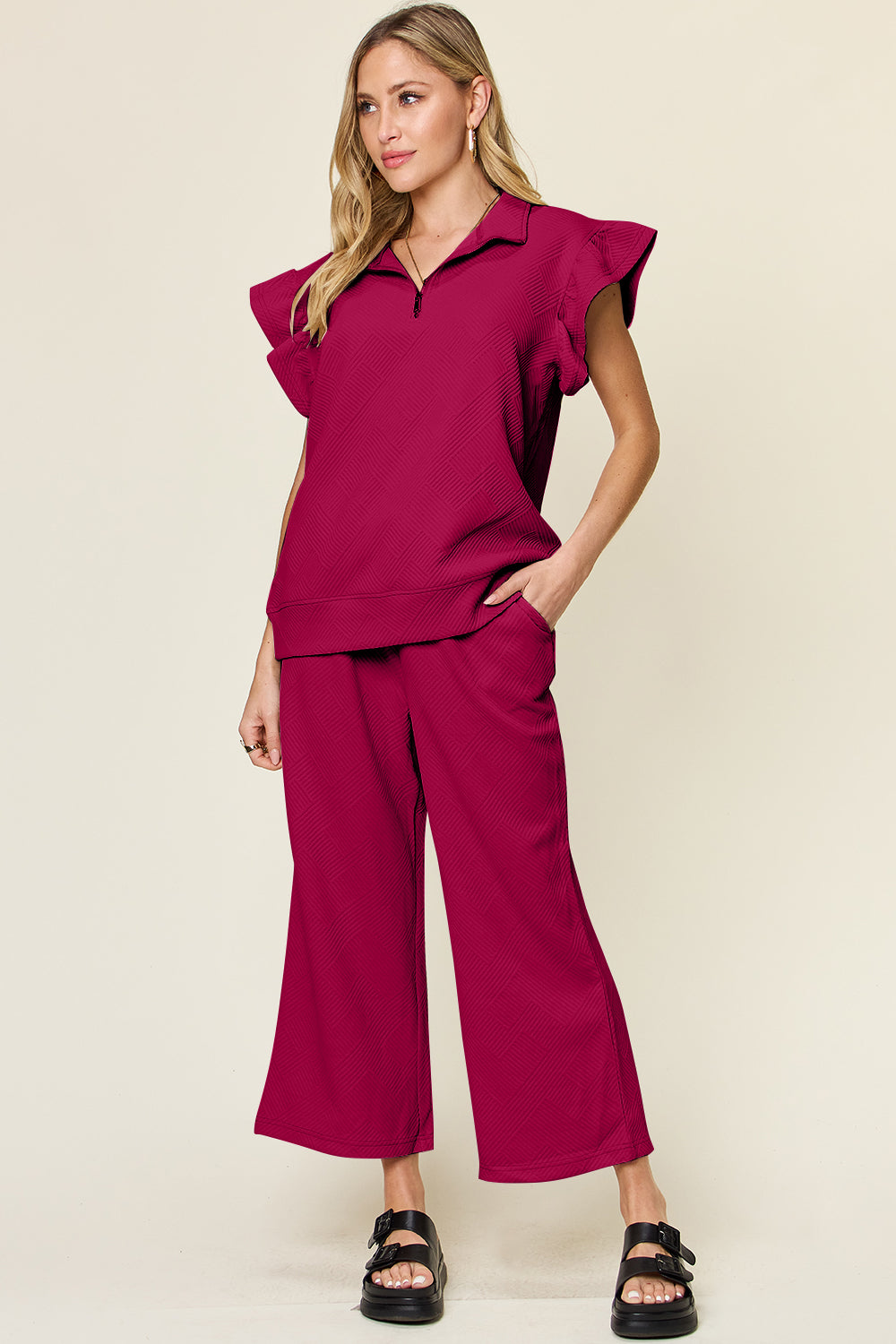 Double Take Texture Ruffle Short Sleeve Top and Drawstring Wide Leg Pants Set (12 Colors) pantsuit Krazy Heart Designs Boutique Deep Rose S