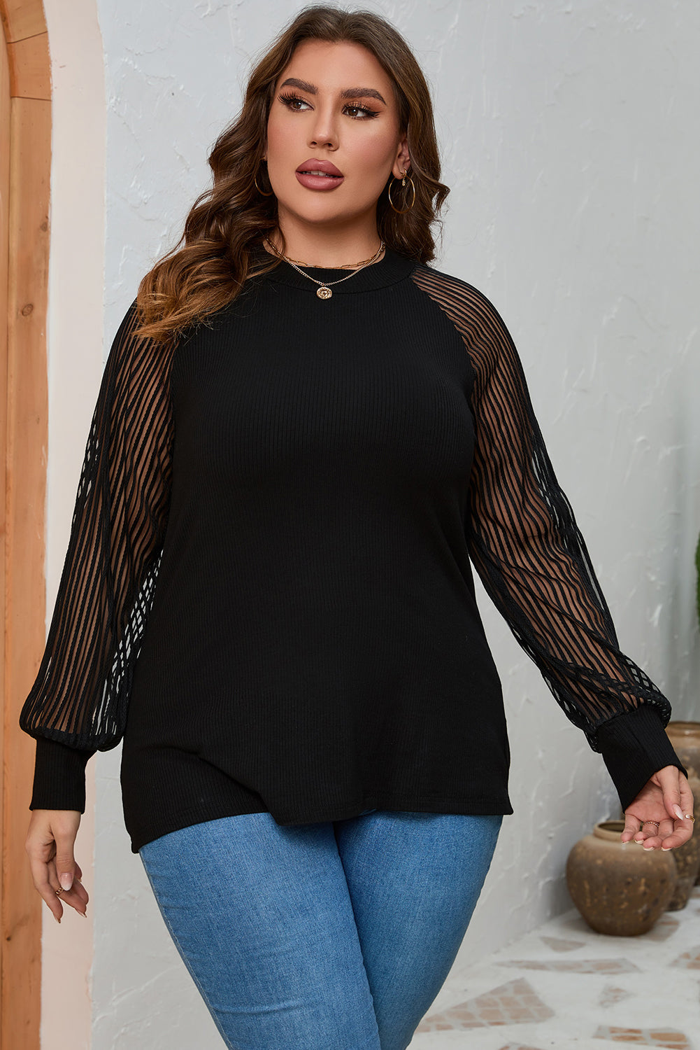 Plus Size Round Neck Long Sleeve Blouse Shirts & Tops Krazy Heart Designs Boutique Black 1XL 