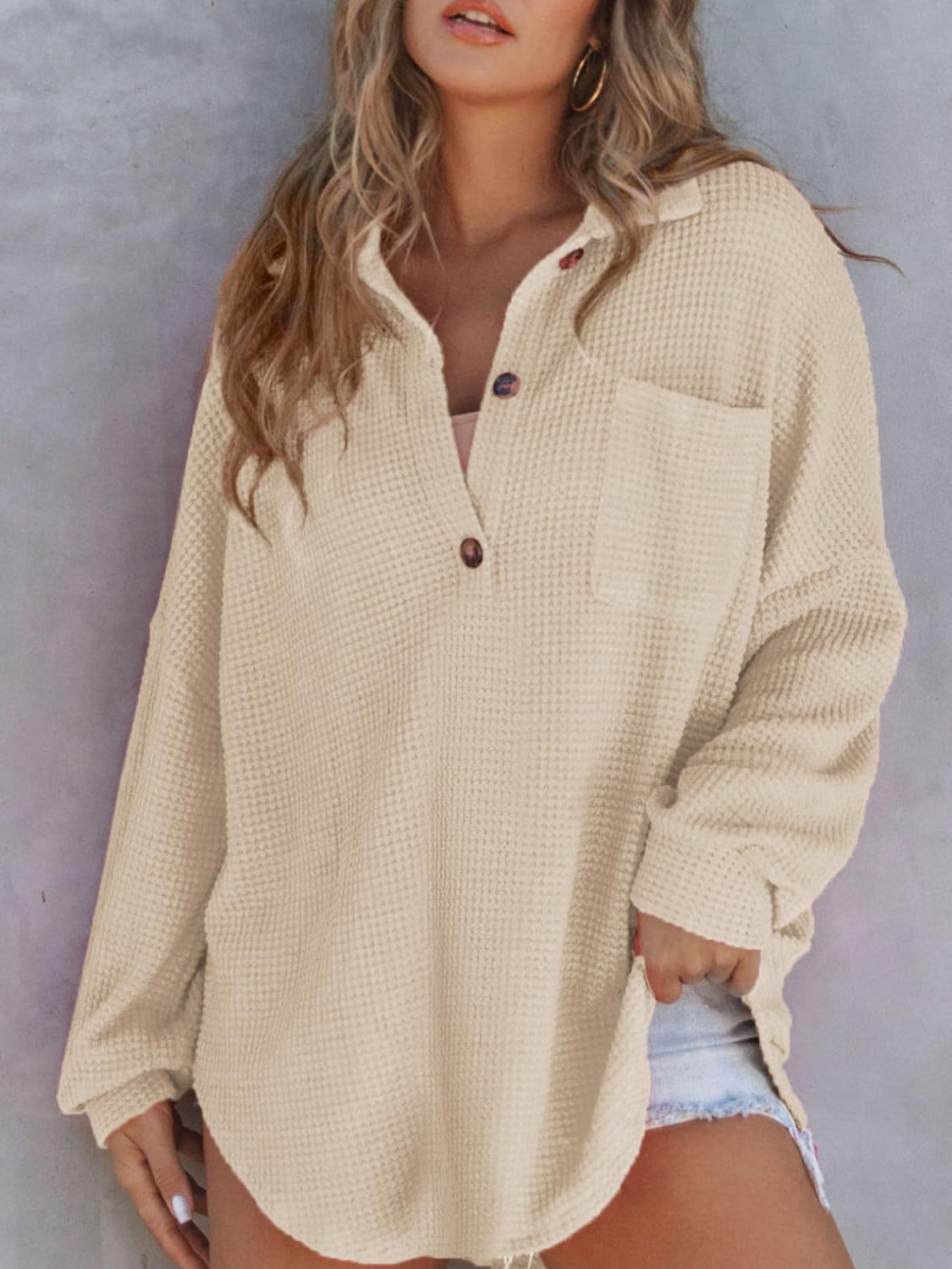 Waffle-Knit Dropped Shoulder Long Sleeve Sweatshirt (5 Colors) Shirts & Tops Krazy Heart Designs Boutique Khaki S 