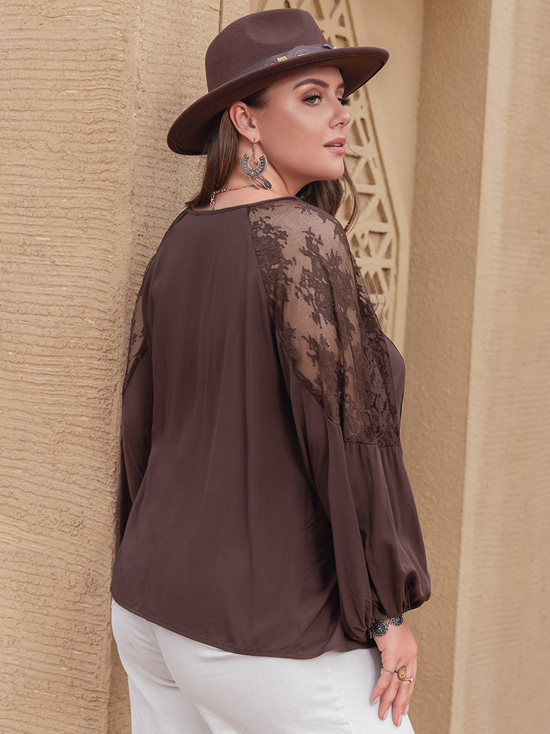 Plus Size Lace Detail Tie Neck Long Sleeve Blouse Shirts & Tops Krazy Heart Designs Boutique   