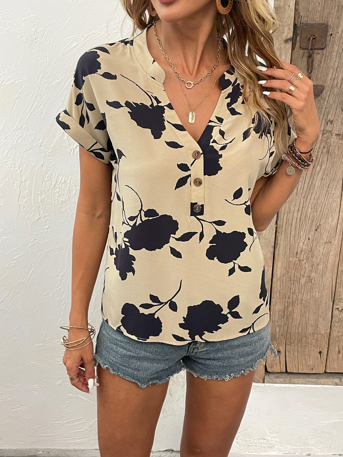Floral Notched Short Sleeve Blouse Shirts & Tops Krazy Heart Designs Boutique   