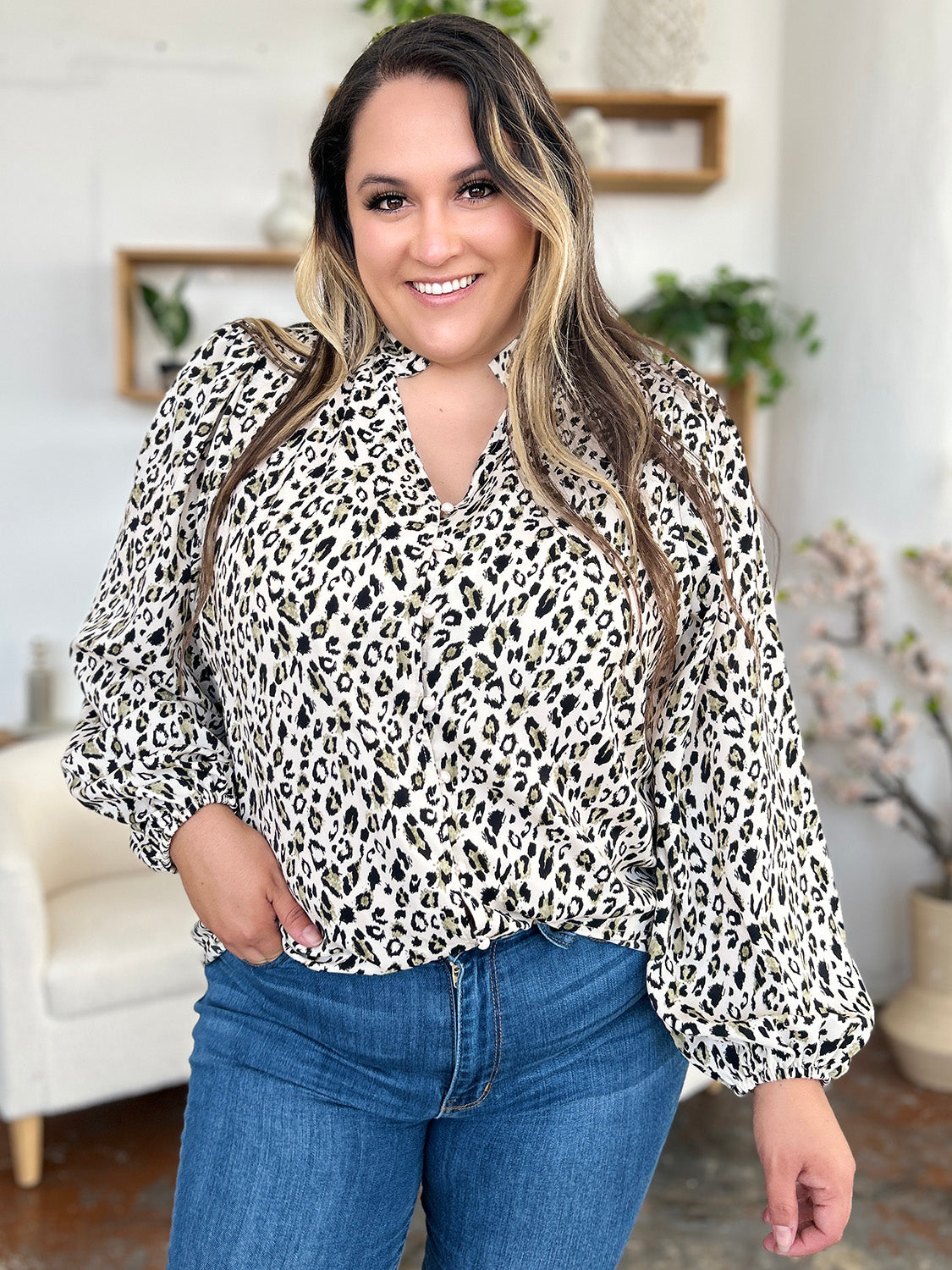 Double Take Full Size Leopard Long Sleeve Blouse (2 Colors) Shirts & Tops Krazy Heart Designs Boutique   