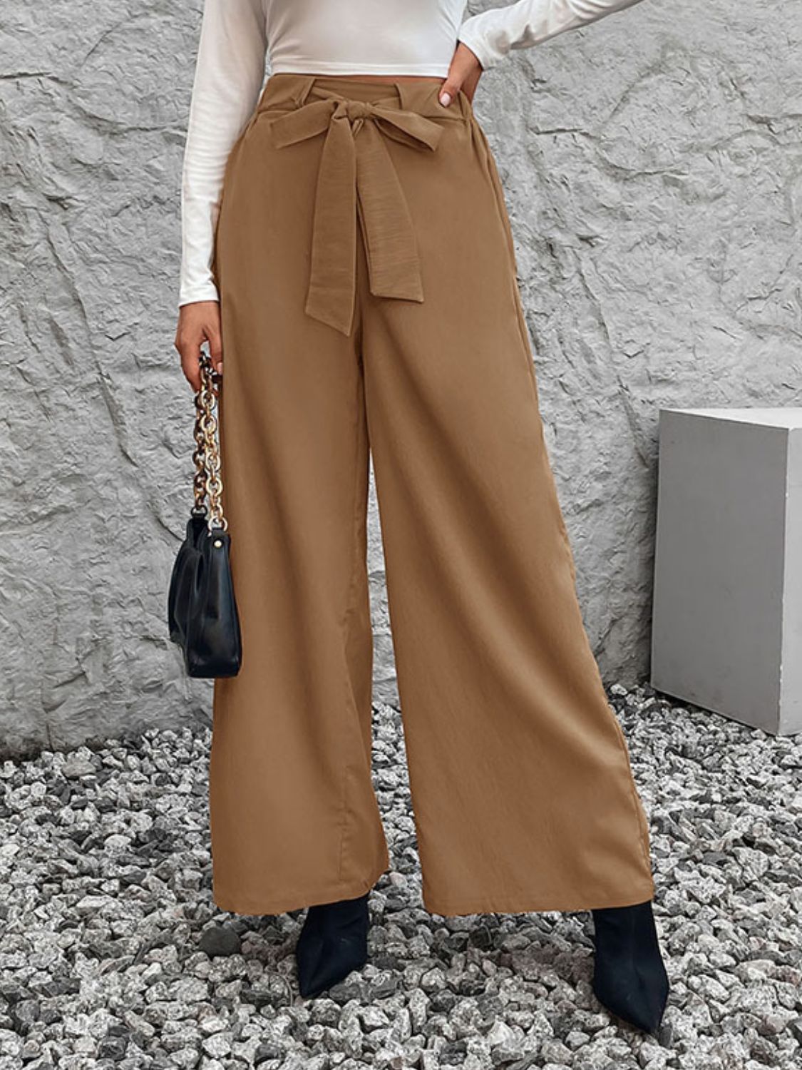 Casual Tied High Waist Wide Leg Pants pants Krazy Heart Designs Boutique Caramel S