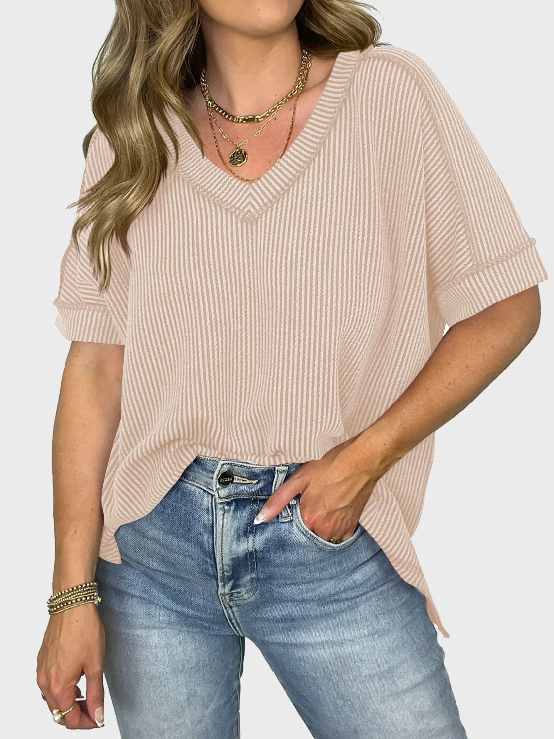 Lovelet Texture V-Neck Half Sleeve Top (5 Colors) Shirts & Tops Krazy Heart Designs Boutique Dust Storm S 