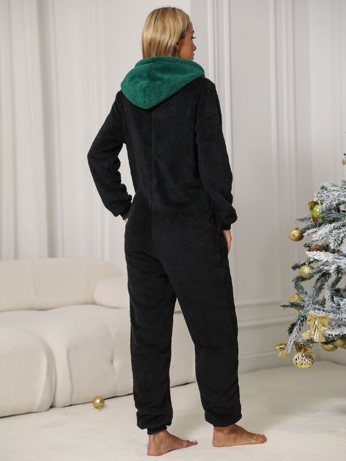 Christmas Pom-Pom Trim Zip Front Hooded Lounge Jumpsuit Loungewear Krazy Heart Designs Boutique   