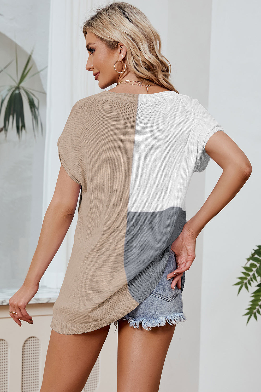 Color Block V-Neck Short Sleeve Knit Top (8 Colors) Shirts & Tops Krazy Heart Designs Boutique
