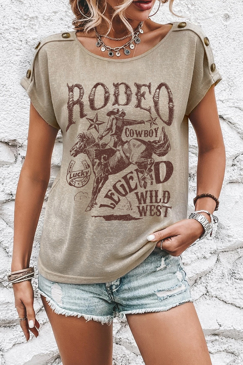 Decorative Button RODEO LEGEND WILD WEST Tee T-Shirt Krazy Heart Designs Boutique Khaki S 