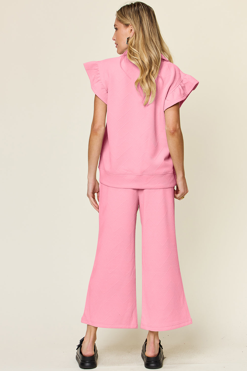 Double Take Texture Ruffle Short Sleeve Top and Drawstring Wide Leg Pants Set (12 Colors)