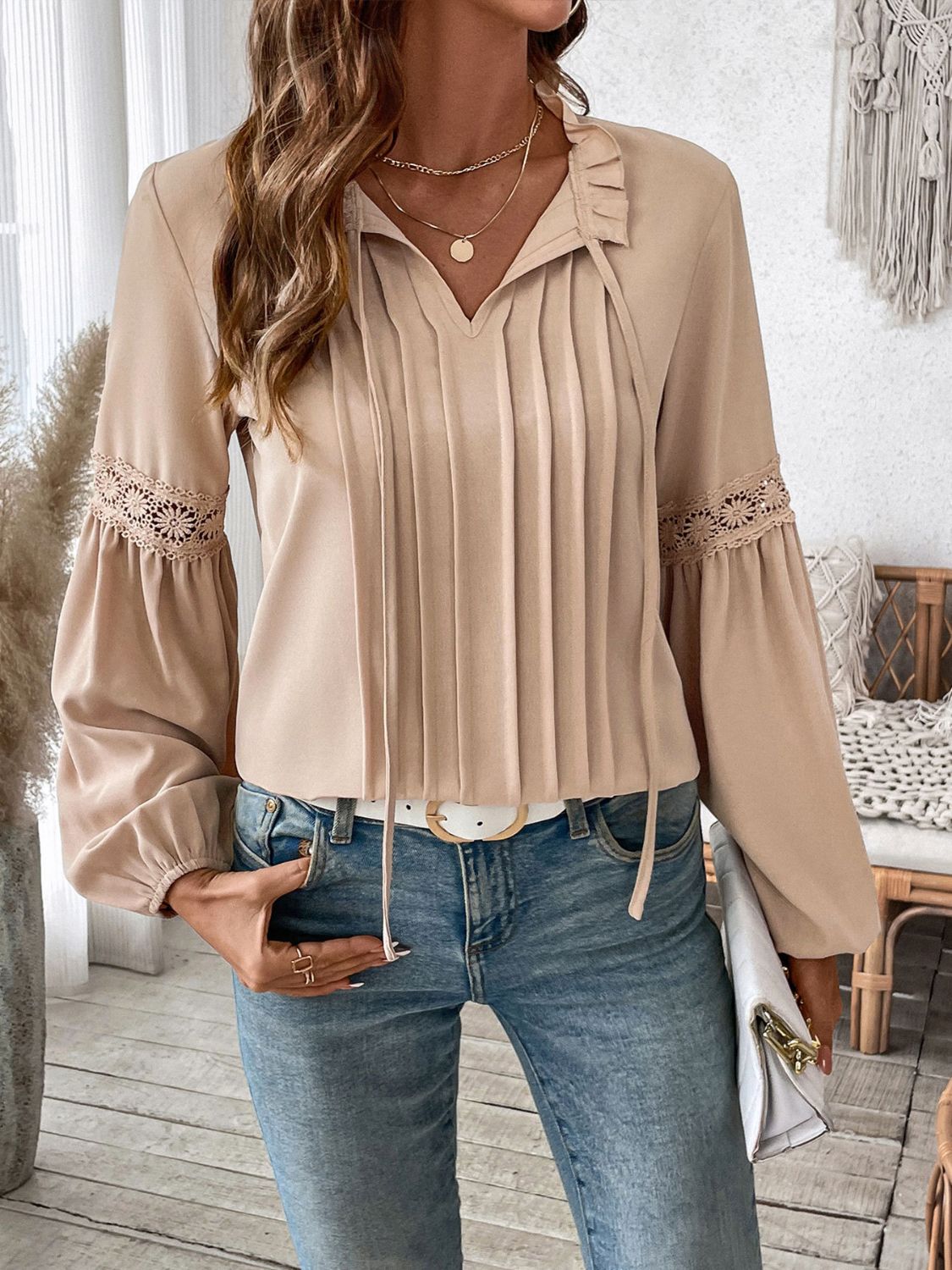 Perfee Frill Tie Neck Long Sleeve Blouse Shirts & Tops Krazy Heart Designs Boutique Tan S 