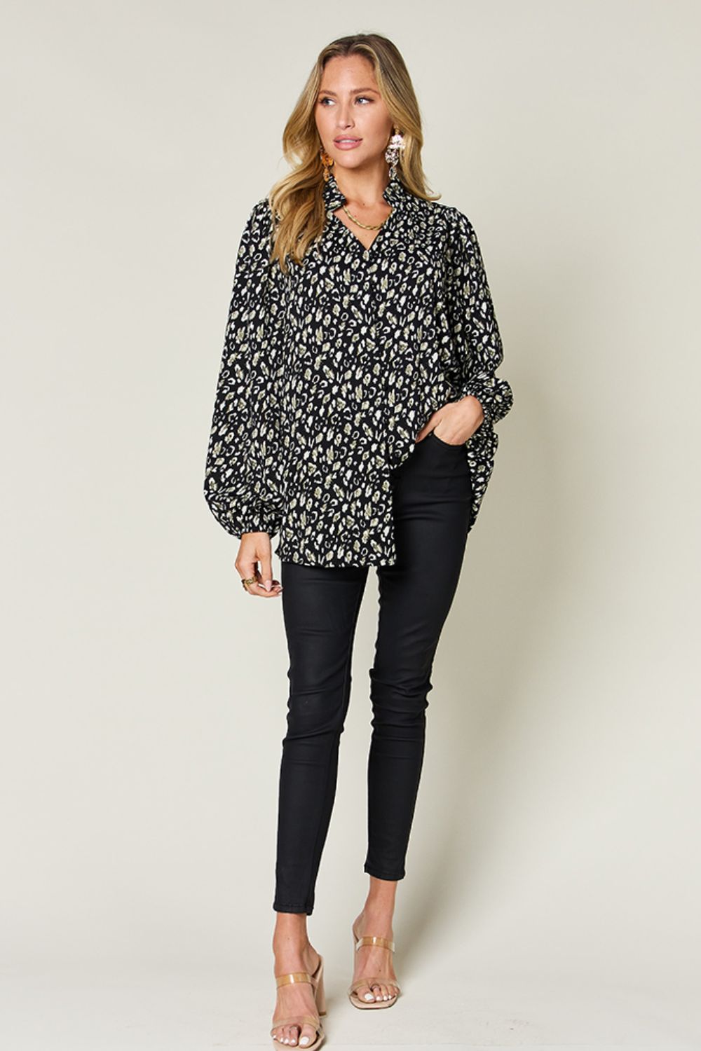 Double Take Full Size Leopard Long Sleeve Blouse (2 Colors) Shirts & Tops Krazy Heart Designs Boutique   