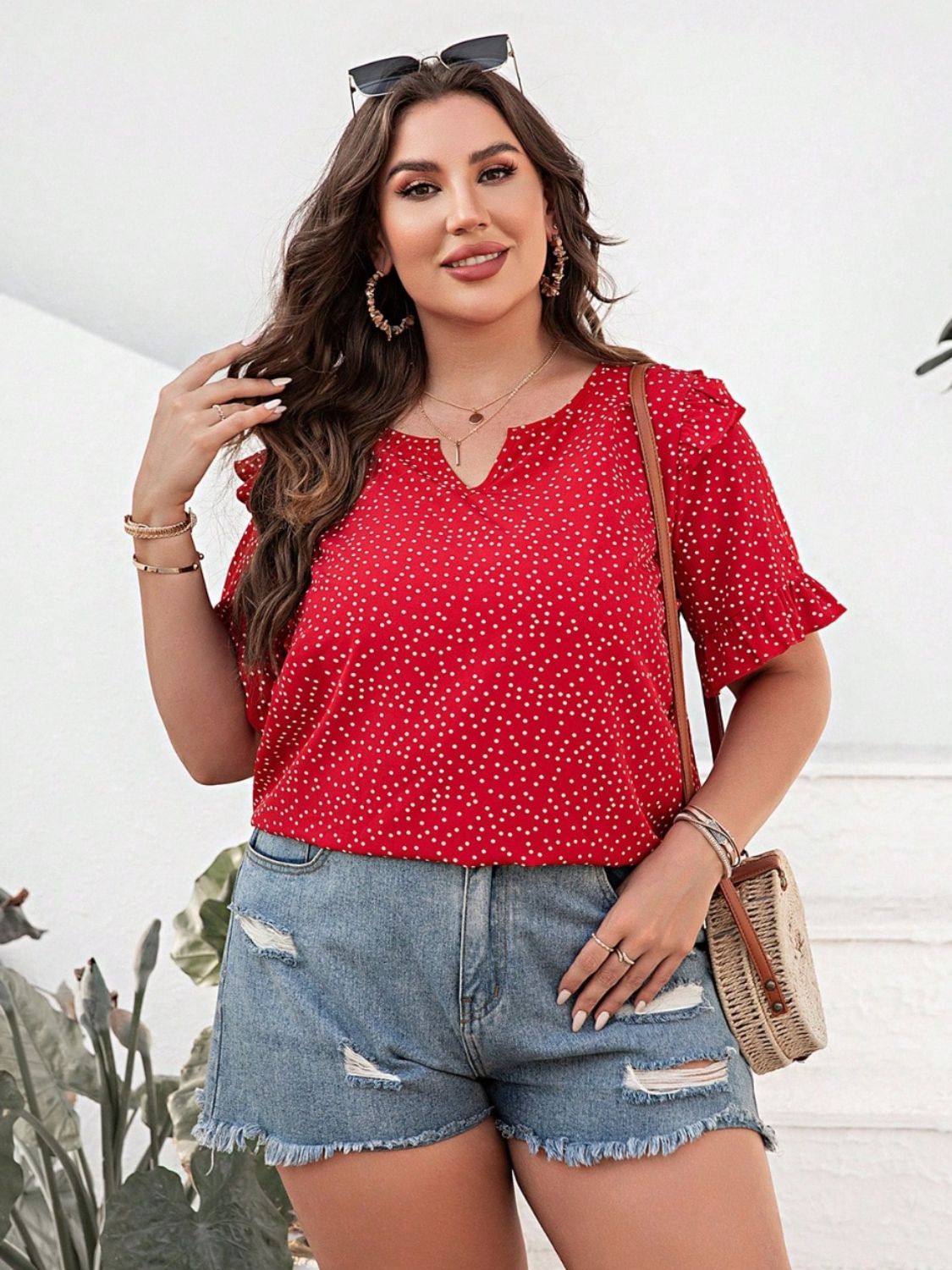 Plus Size Polka Dot Notched Flounce Sleeve Blouse Shirts & Tops Krazy Heart Designs Boutique   