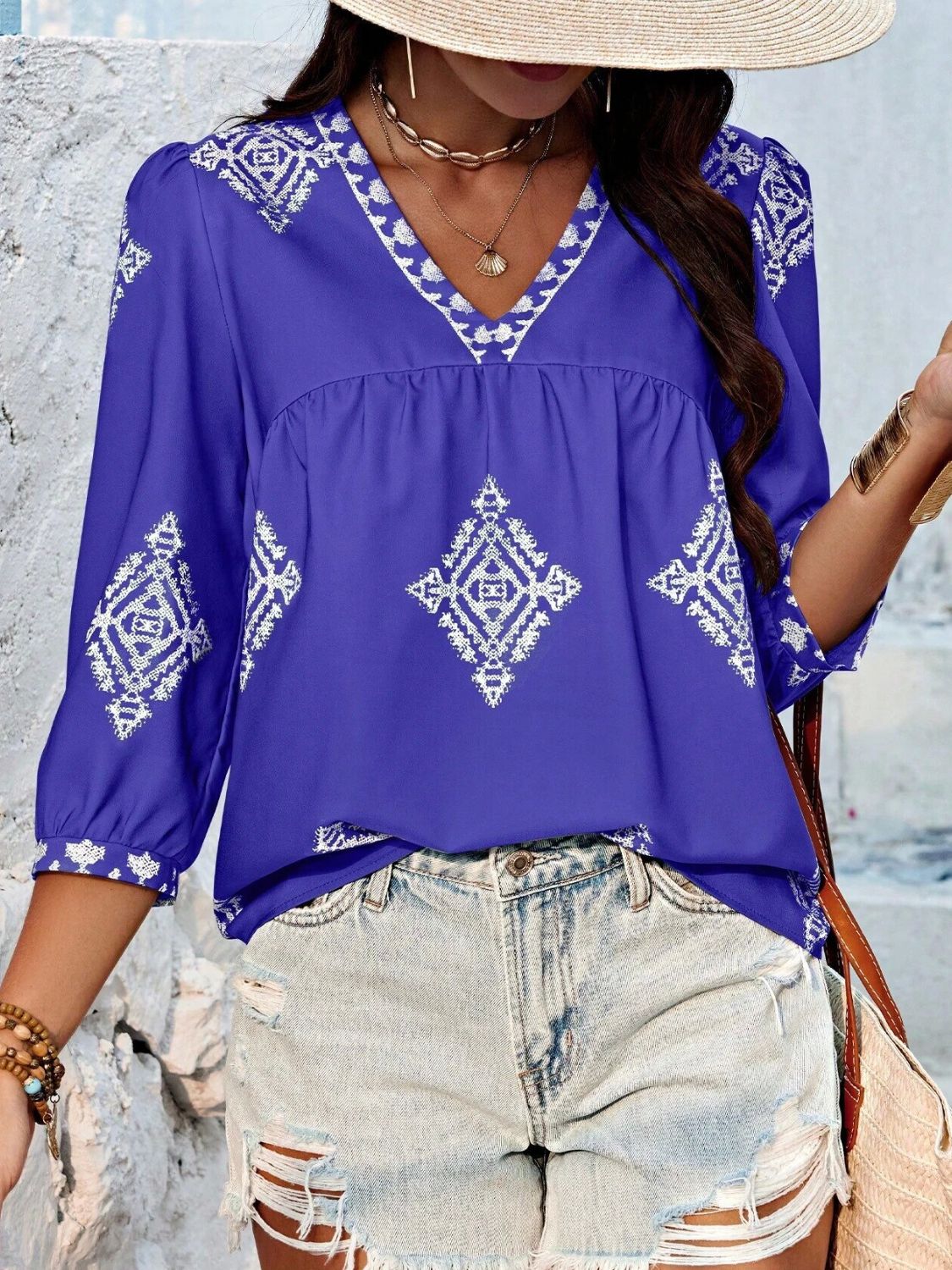 Printed V-Neck Three-Quarter Sleeve Blouse (6 Colors) Shirts & Tops Krazy Heart Designs Boutique Royal Blue S 